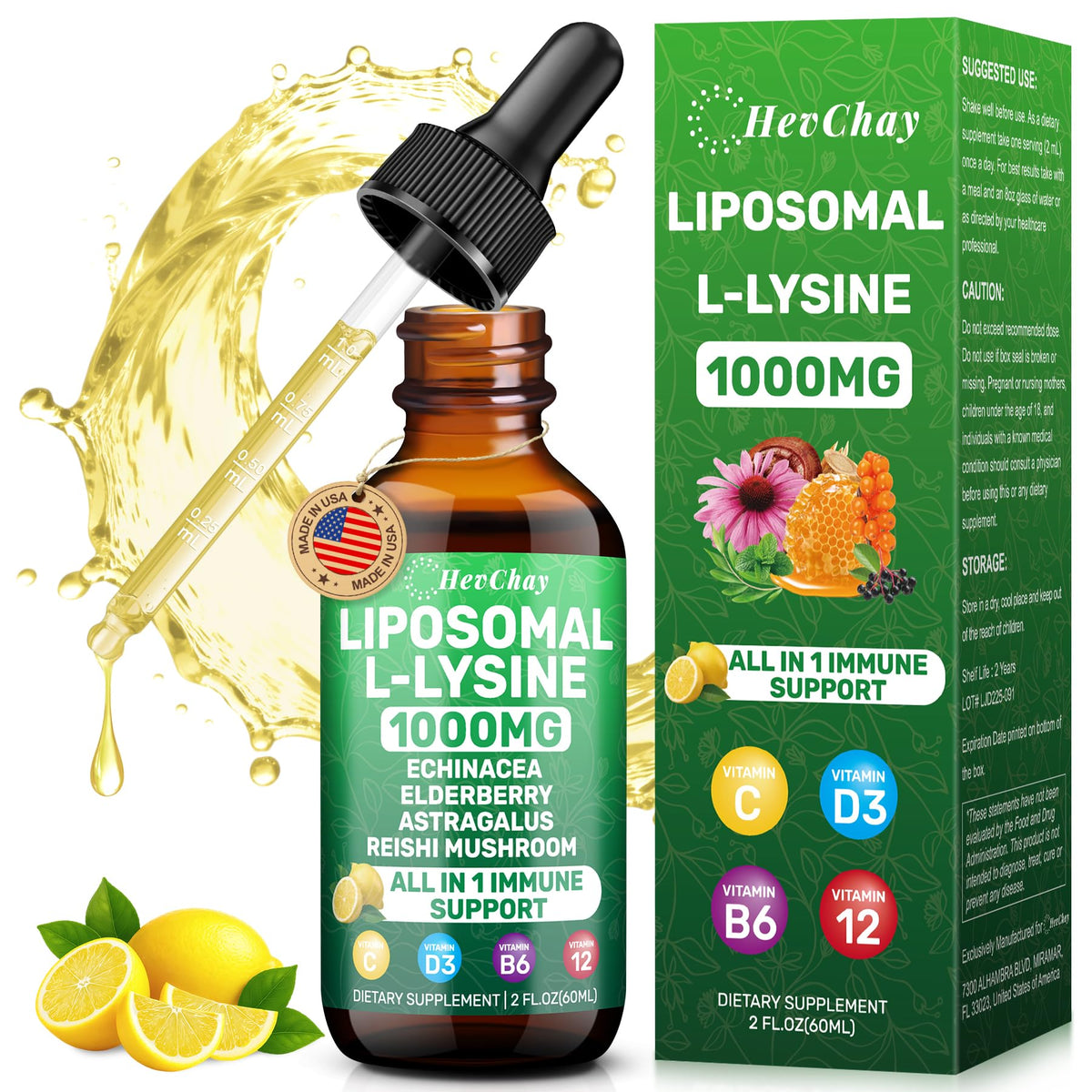 HevChay L-Lysine 1000mg liquid supplement front view