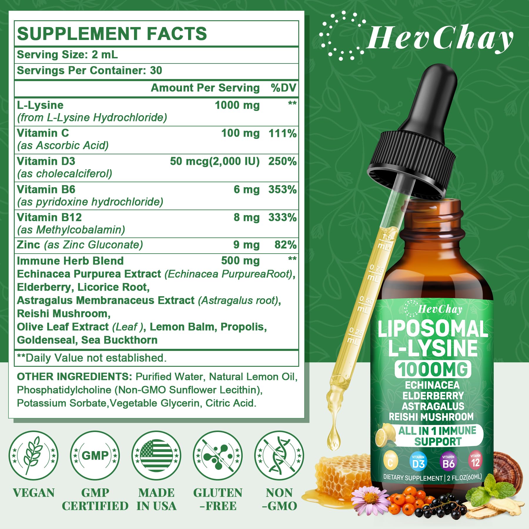 HevChay L-Lysine Liquid Supplement 1000mg bottle with label