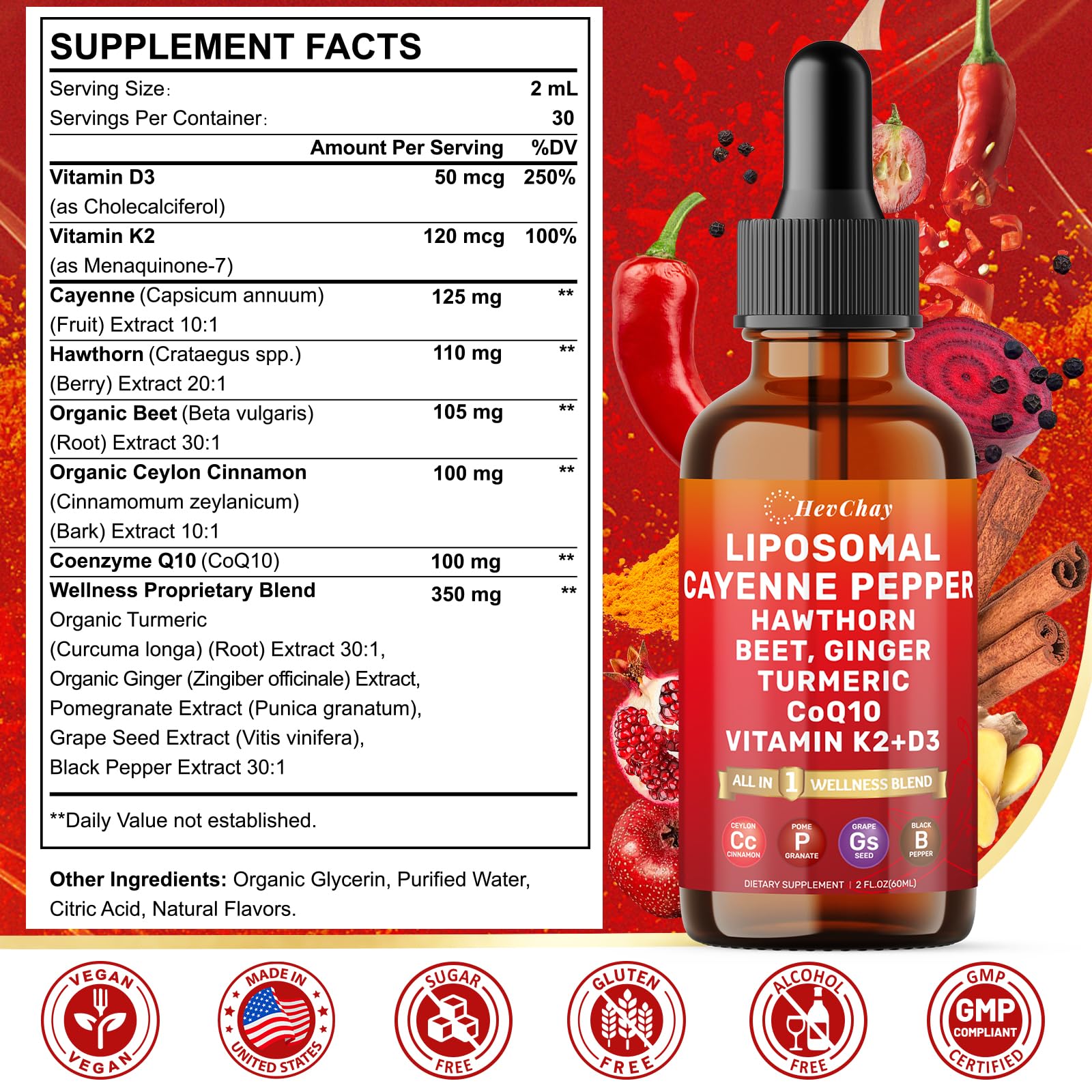 HevChay Liposomal Cayenne Pepper Drops 60ml bottle with label