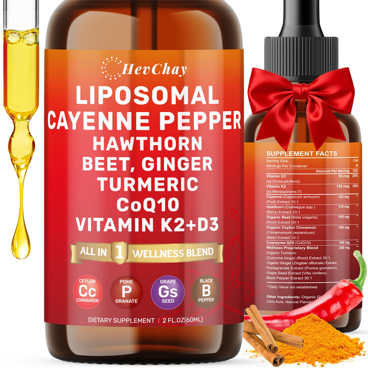 HevChay Liposomal Cayenne Pepper Drops 60ml front view