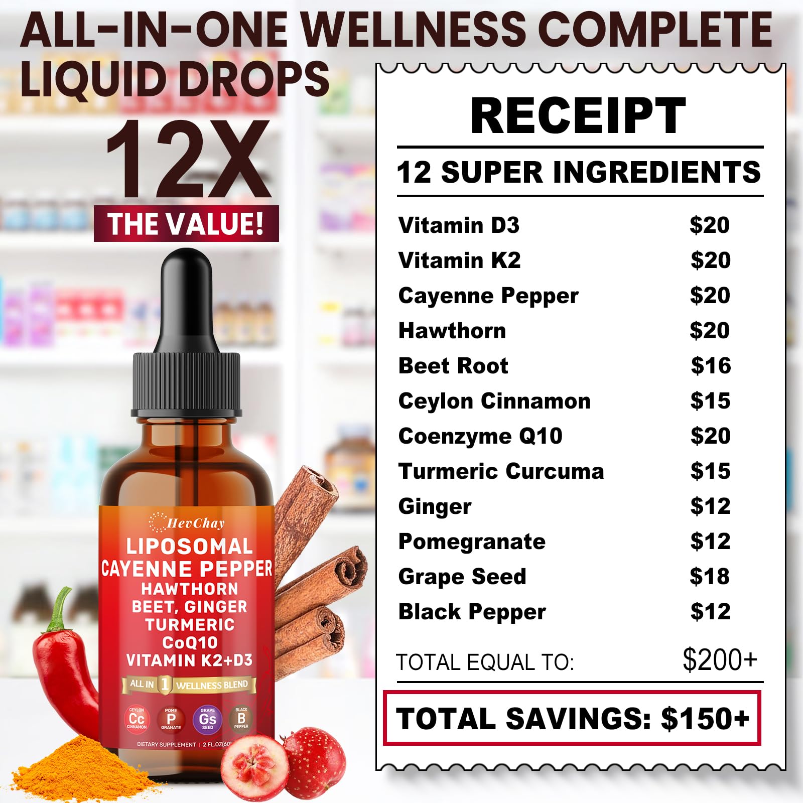 HevChay Liposomal Cayenne Pepper Drops 60ml packaging