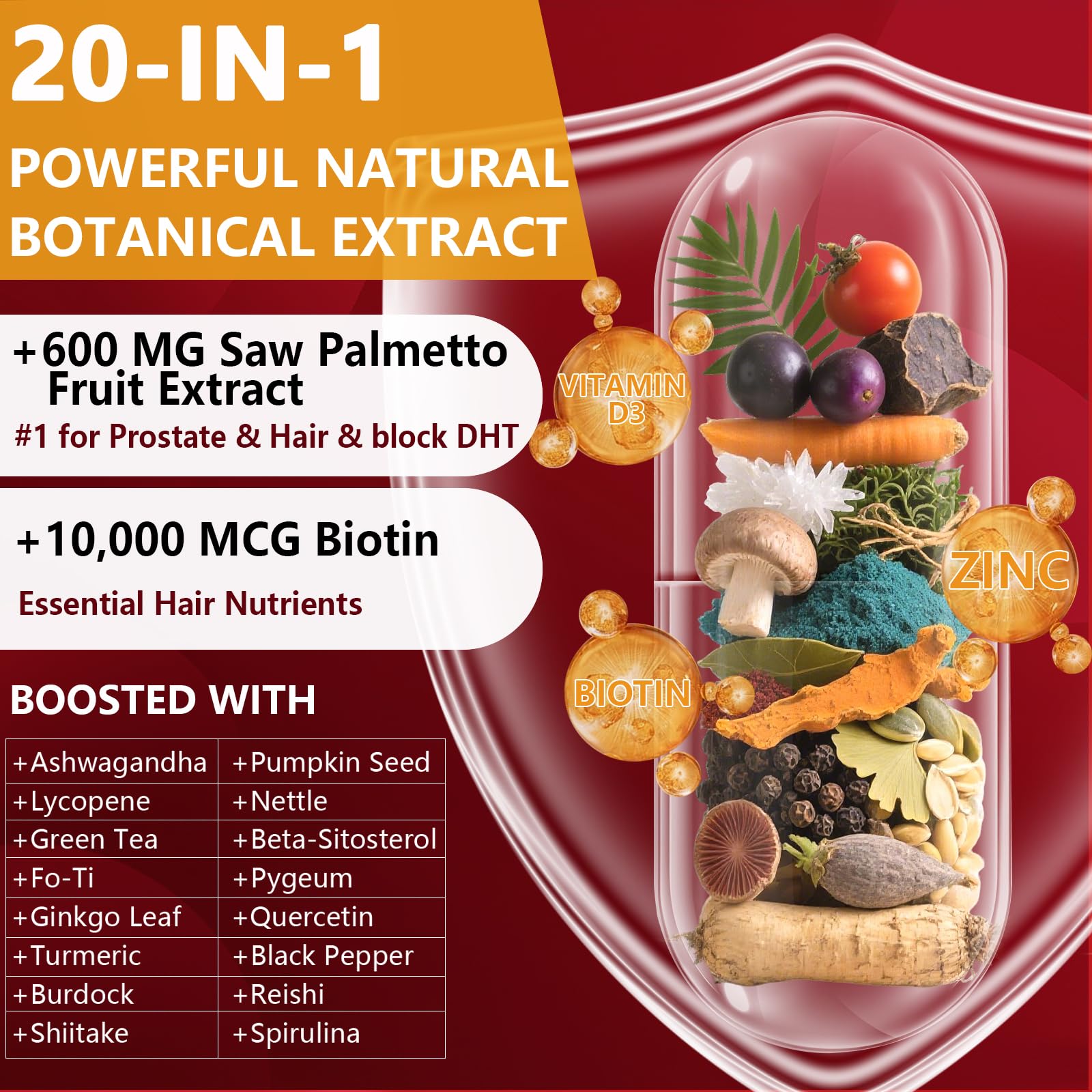 HevChay Saw Palmetto DHT Blocker 1900mg capsules on a wooden surface