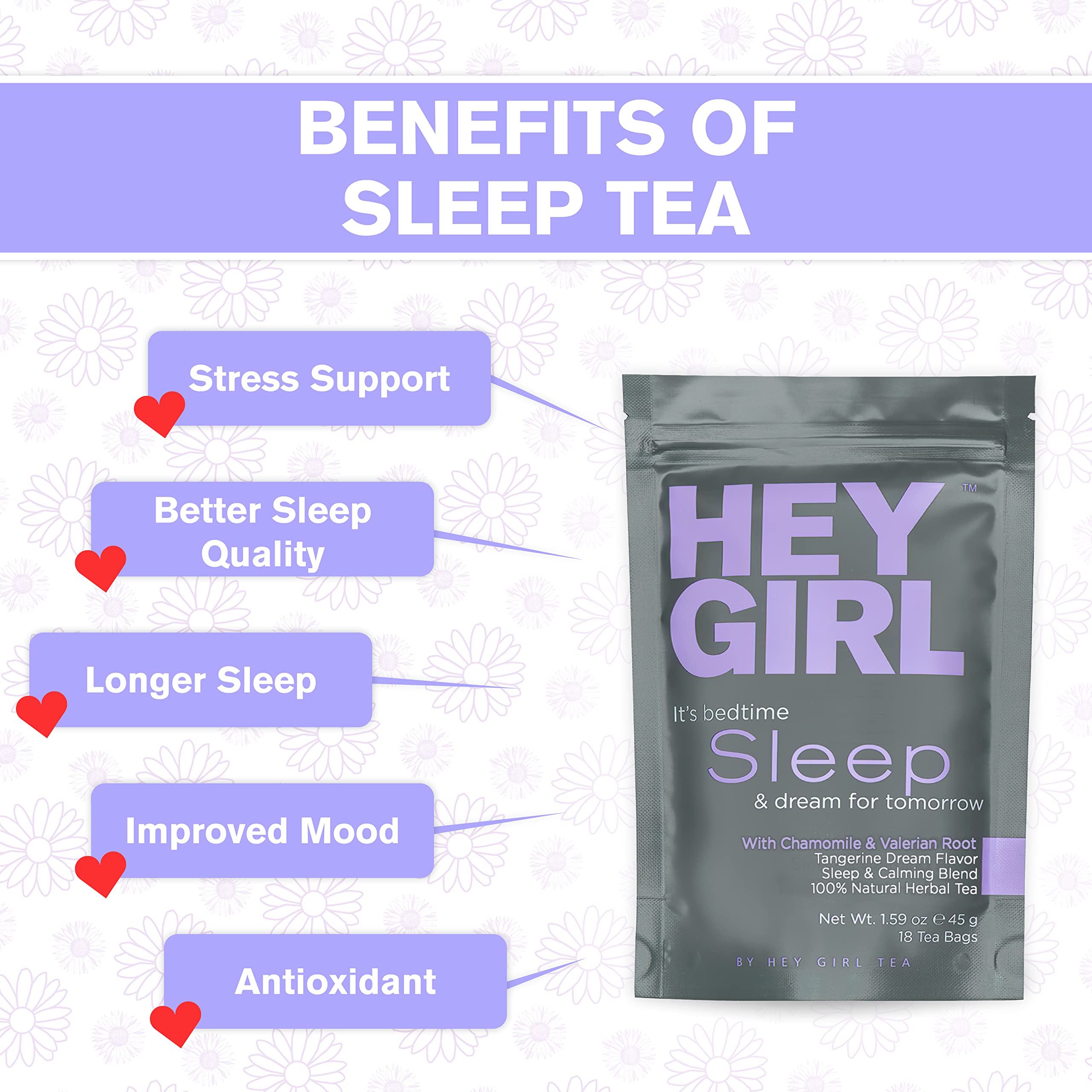 Hey Girl Sleep Tea bags displayed on a wooden table