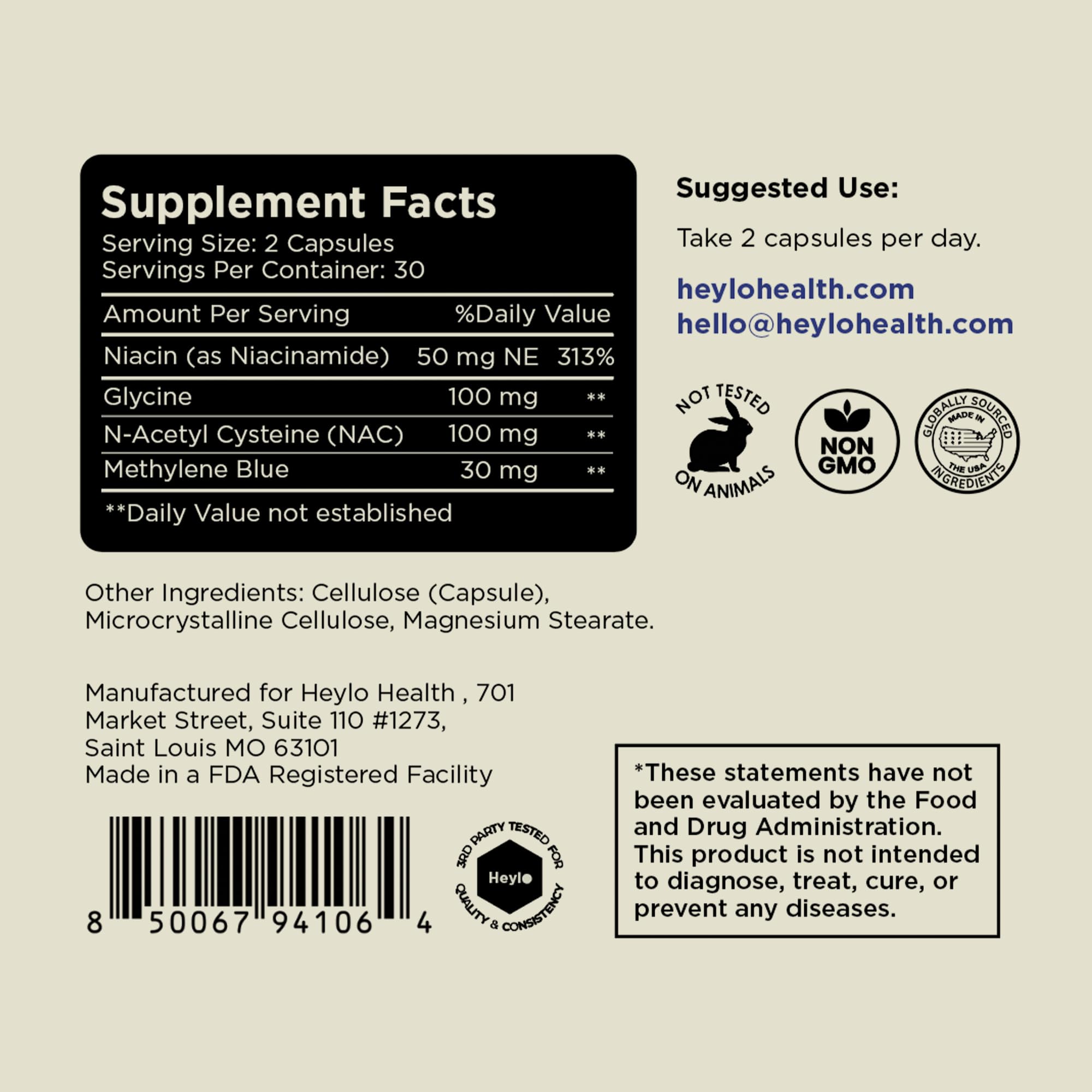 Heylo Health Cognitive Energy Support Capsules bottle side view
