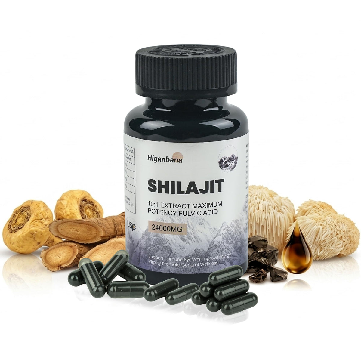 Higanbana Shilajit Capsules 400mg Fulvic Acid front view