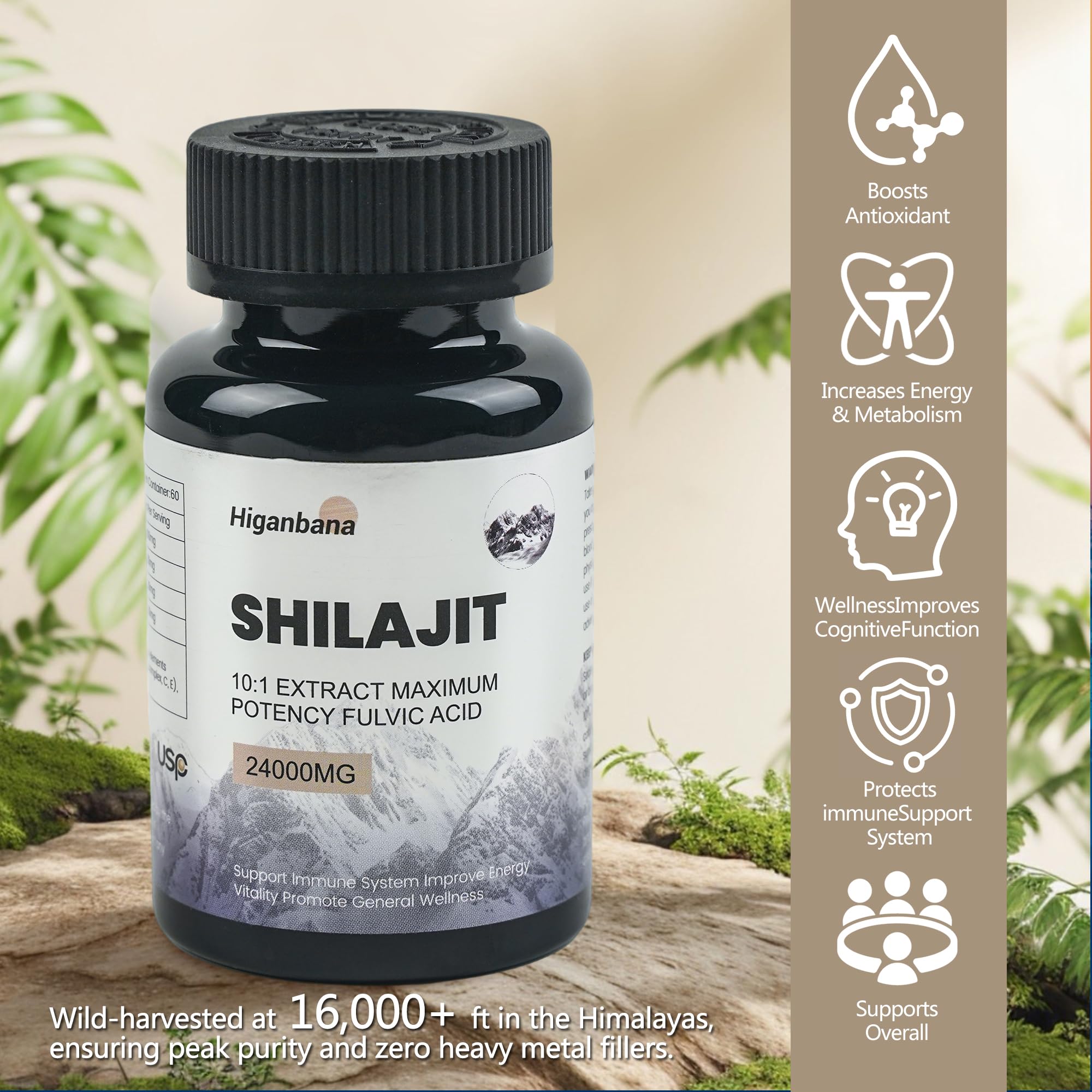 Higanbana Shilajit Capsules 400mg Fulvic Acid side view