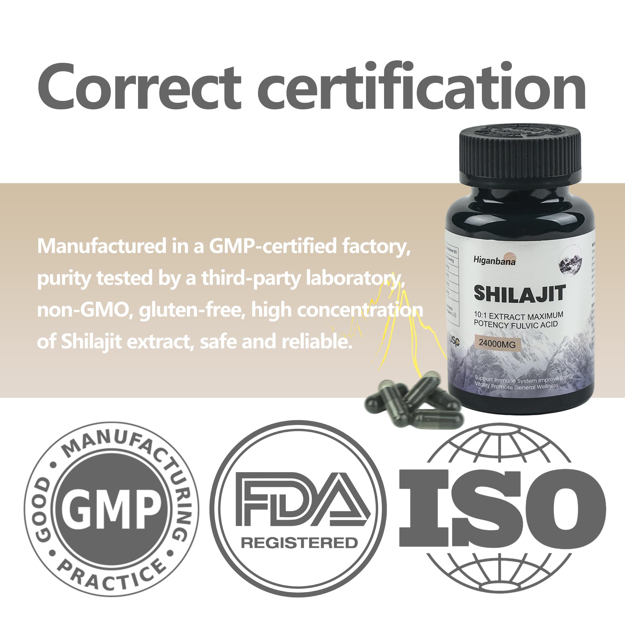 Higanbana Shilajit Capsules 400mg Fulvic Acid with measuring spoon