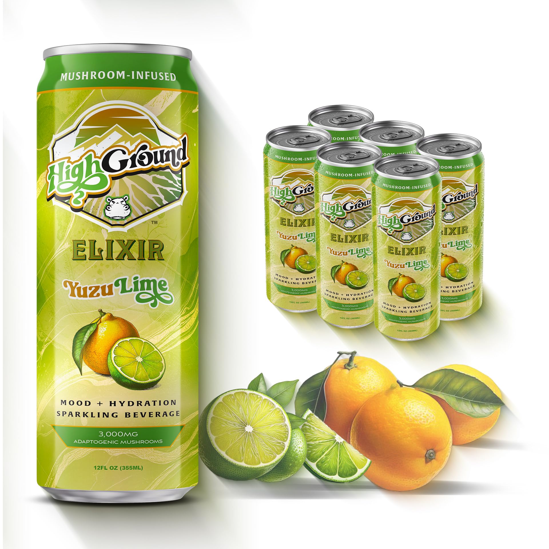 High Ground Functional Mushroom Elixir 12-Pack Yuzu Lime and Strawberry Peach front view