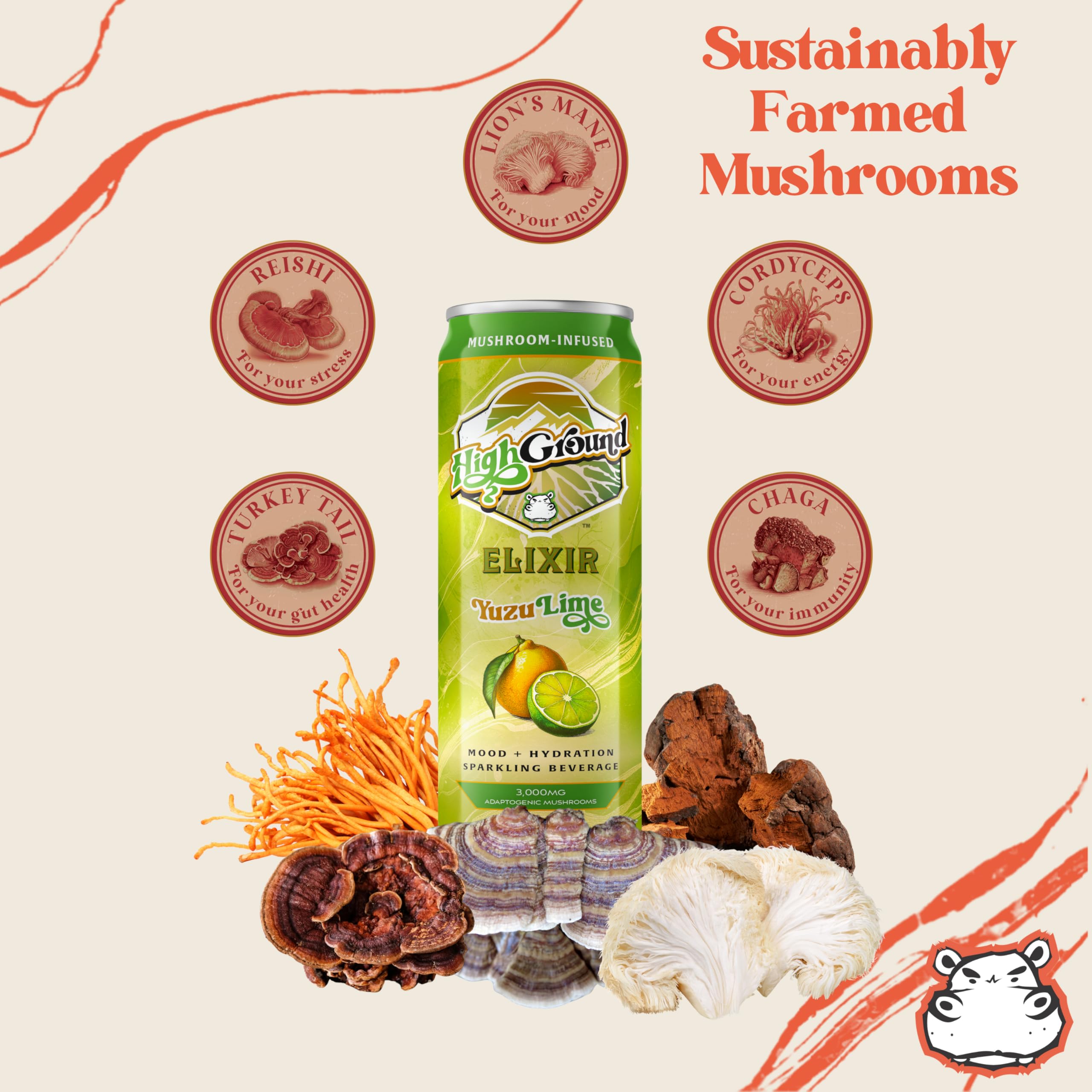 High Ground Functional Mushroom Elixir can with Yuzu Lime flavour