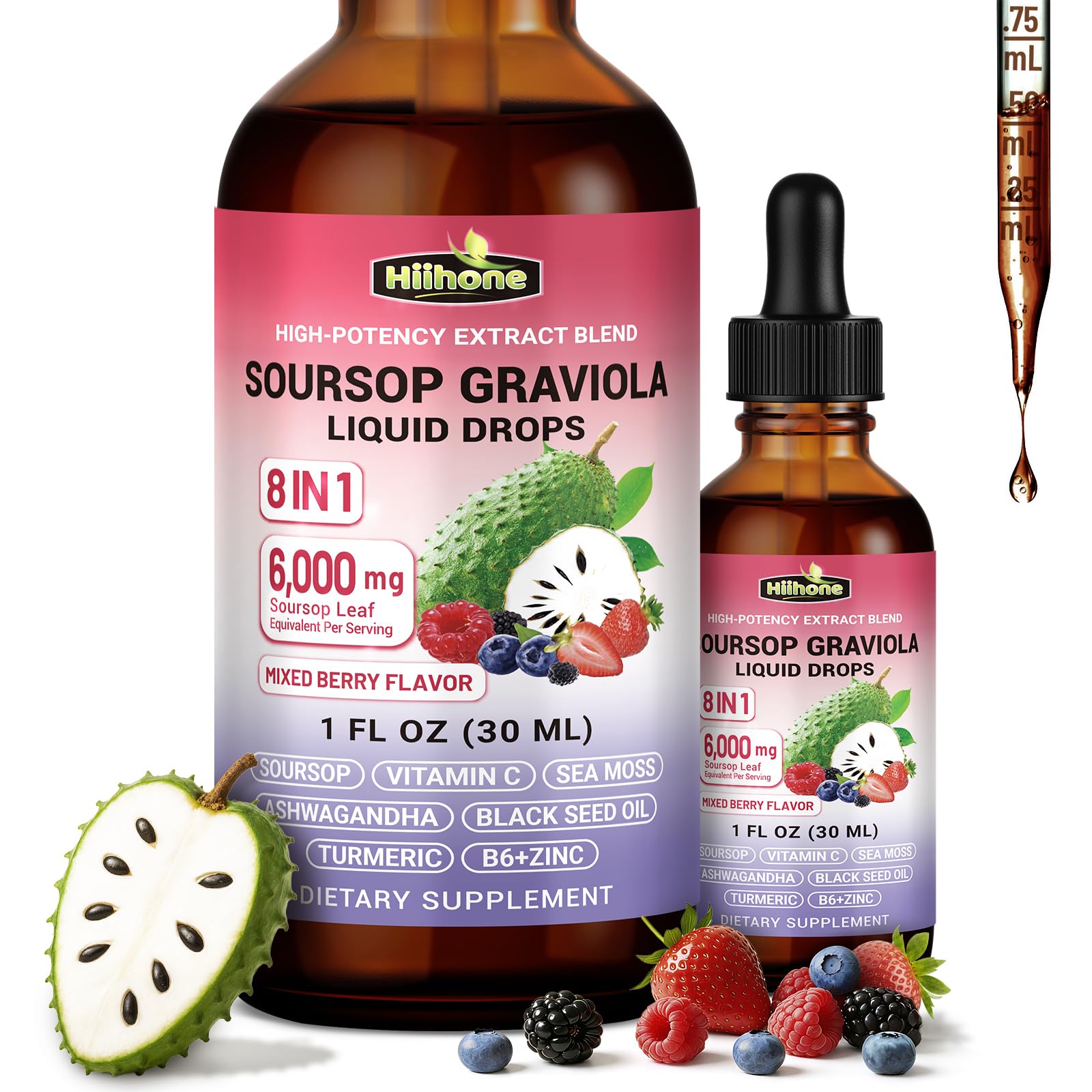 HIIHONE 8-in-1 Soursop Bitters Liquid Drops front view, Mixed Berry flavour
