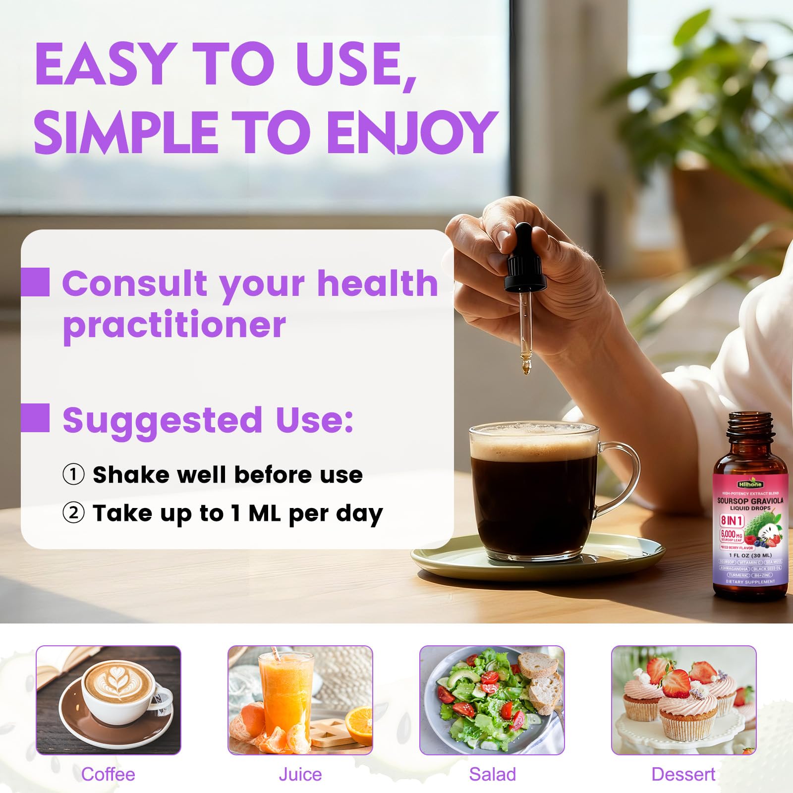 HIIHONE 8-in-1 Soursop Bitters Liquid Drops lifestyle shot with fruits
