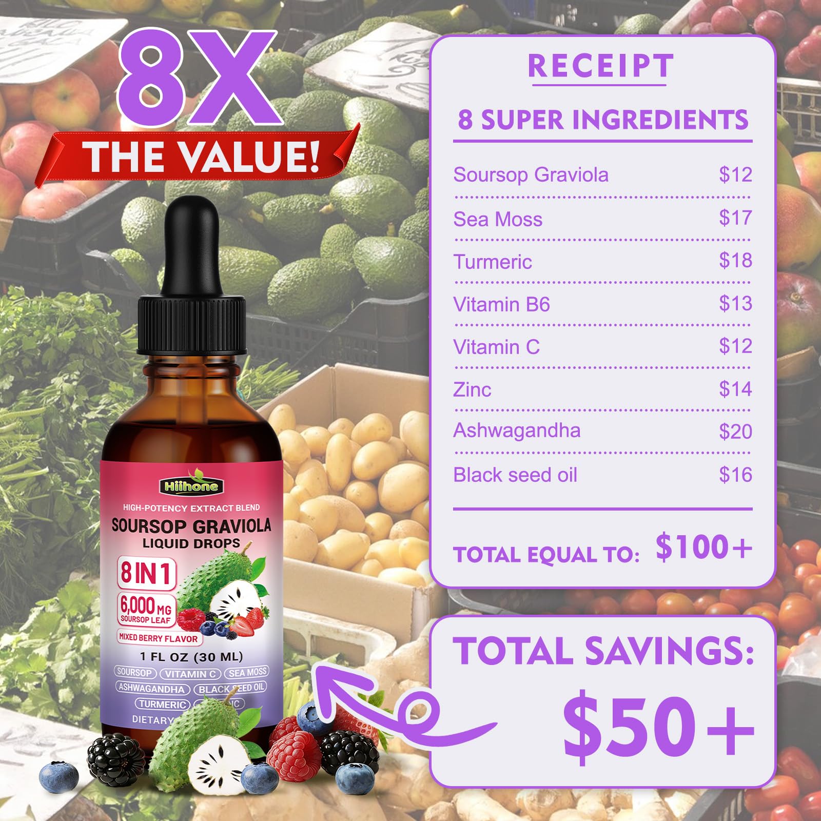 HIIHONE 8-in-1 Soursop Bitters Liquid Drops on a kitchen counter