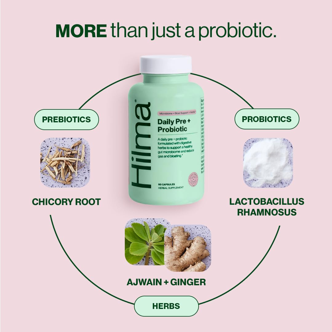 Hilma Pre + Probiotic Capsules back view with ingredient list