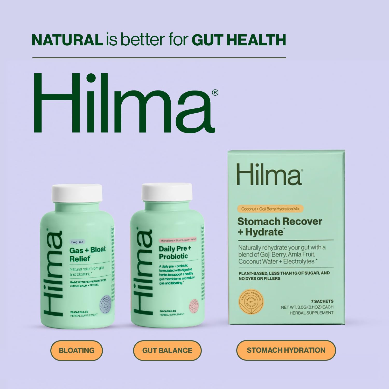Hilma Pre + Probiotic Capsules packaging on a wooden table