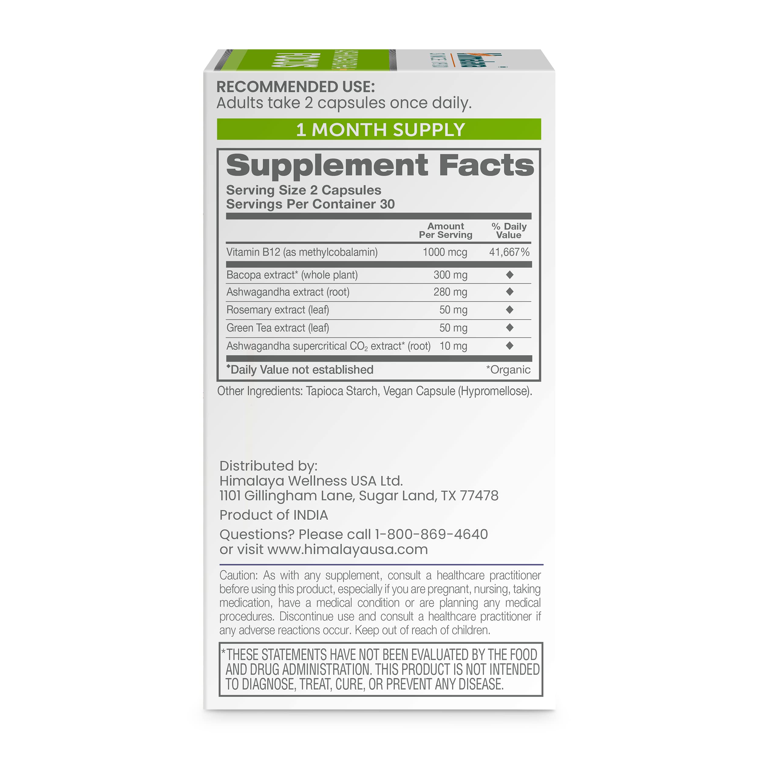 Himalaya Ashwagandha Capsules side view showing ingredients