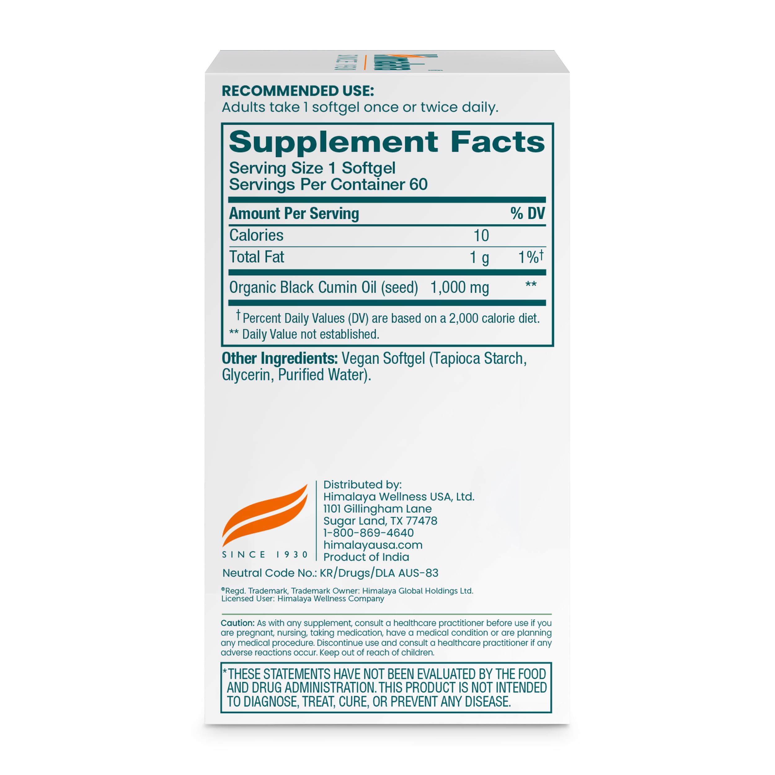 Himalaya Black Seed Oil Softgels 1000mg back view with ingredients