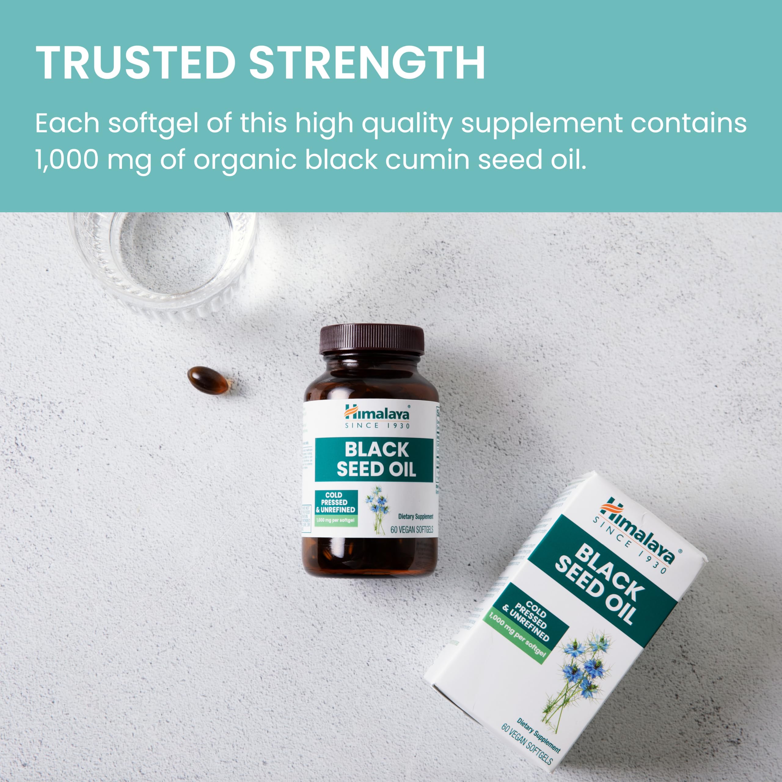Himalaya Black Seed Oil Softgels 1000mg with a measuring spoon