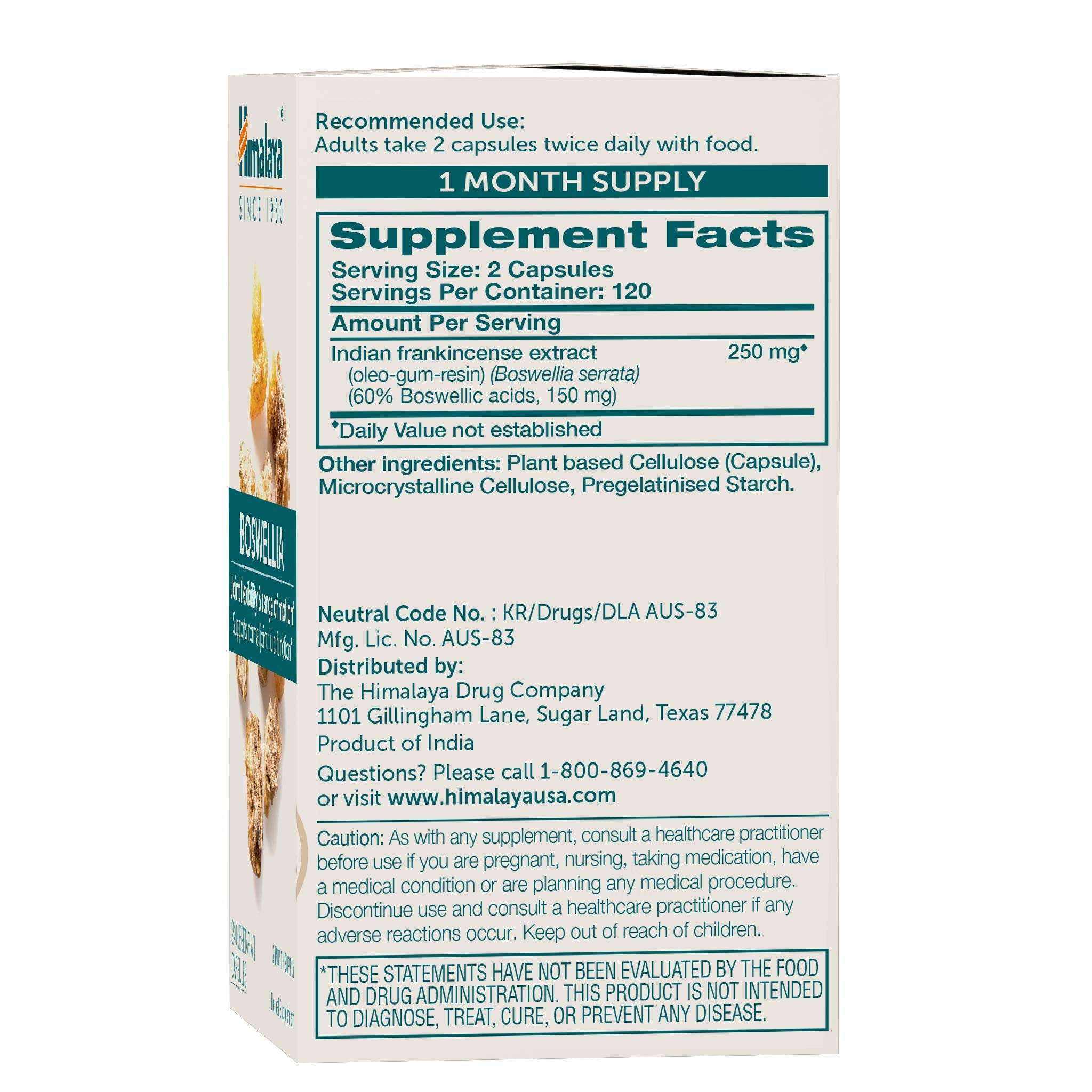 Himalaya Boswellia Serrata Capsules 250mg side view