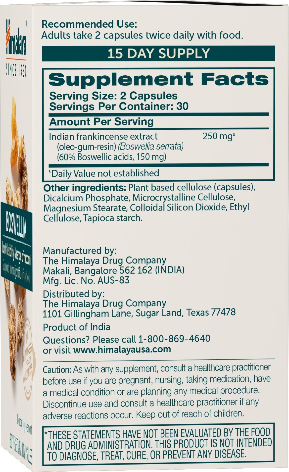 Himalaya Boswellia Serrata Joint Supplement details on packaging