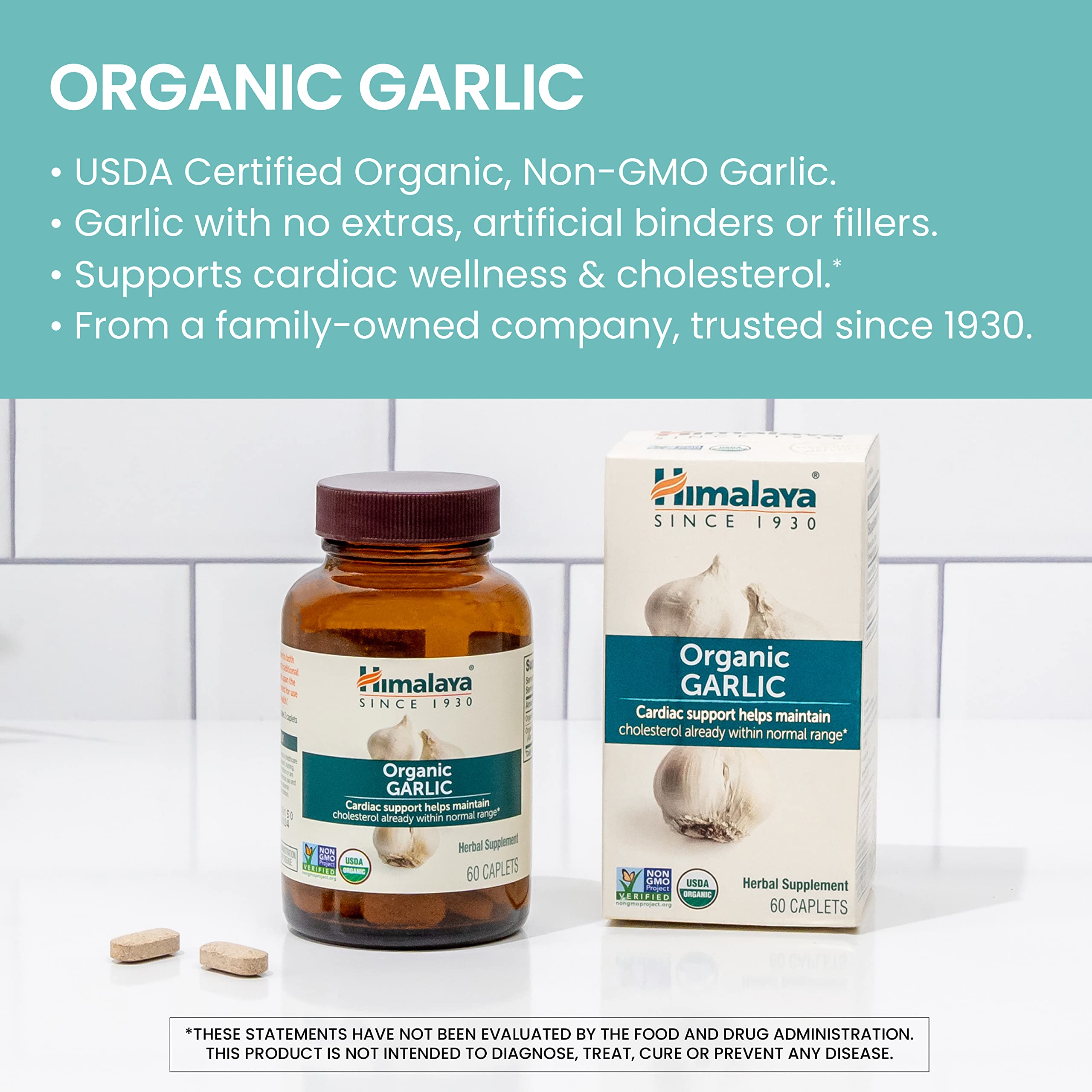 Himalaya Garlic Supplement caplets in a bowl