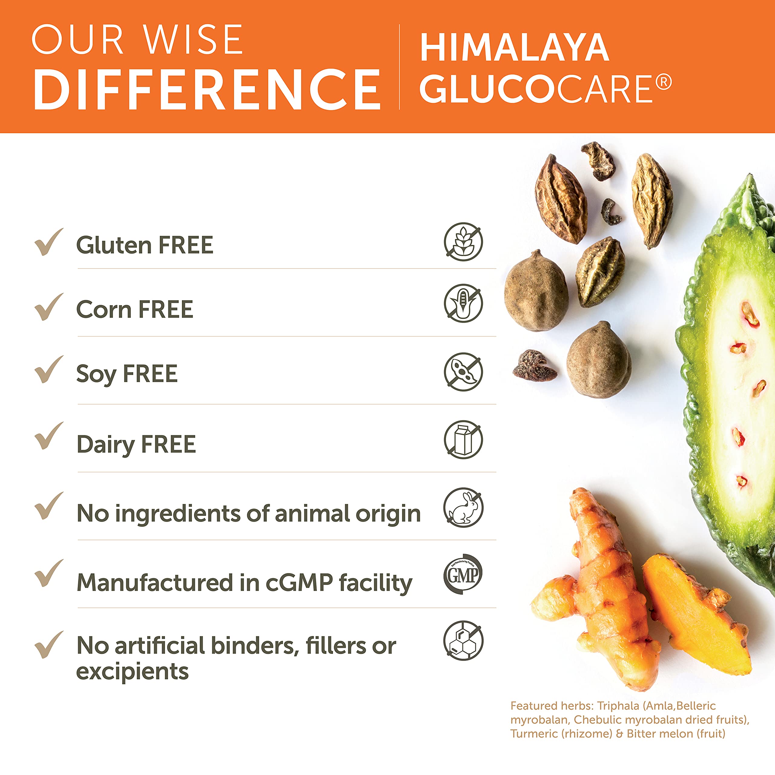 Himalaya GlucoCare Triphala Supplement back view with nutritional information