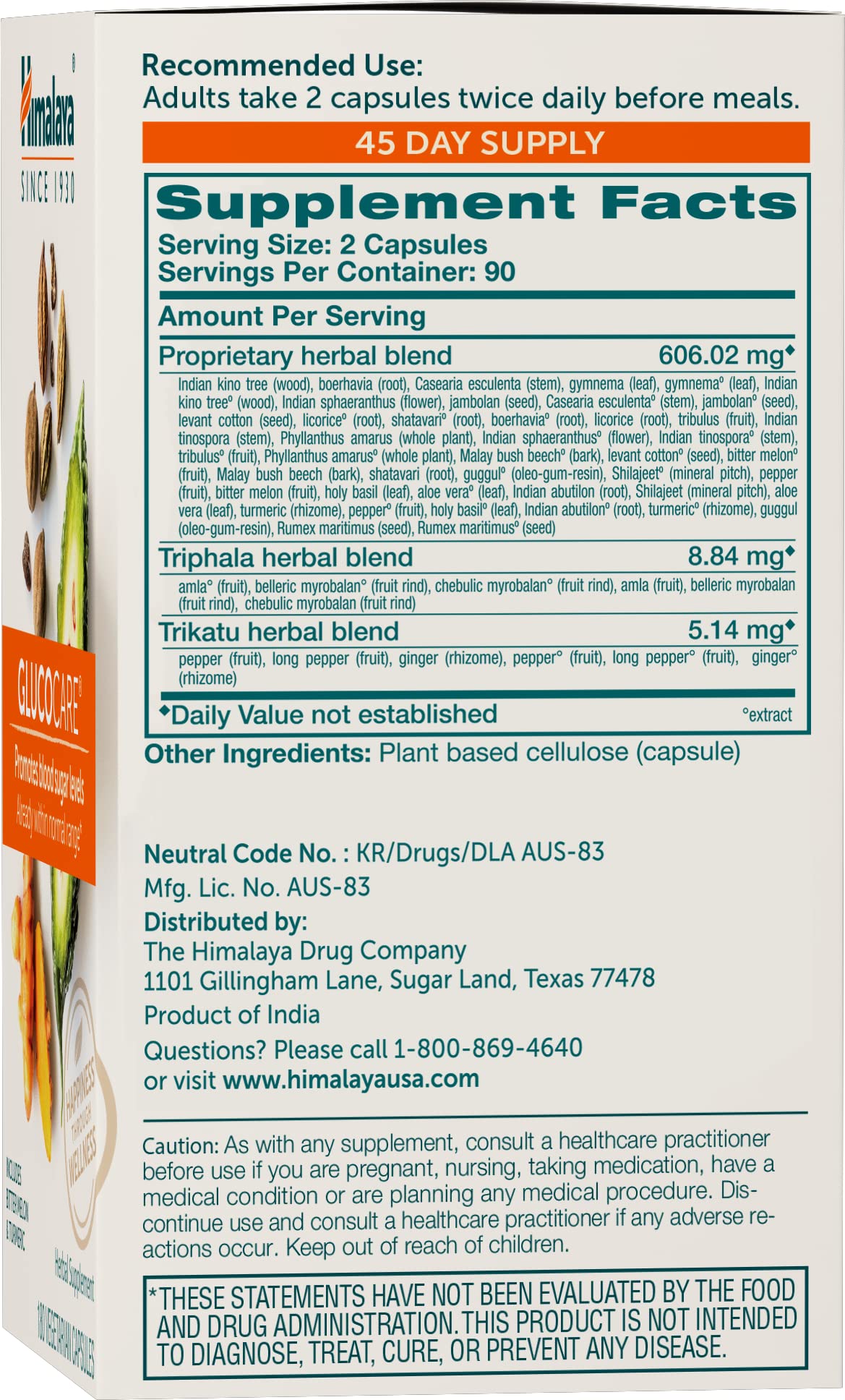 Himalaya GlucoCare Triphala Supplement side view with label