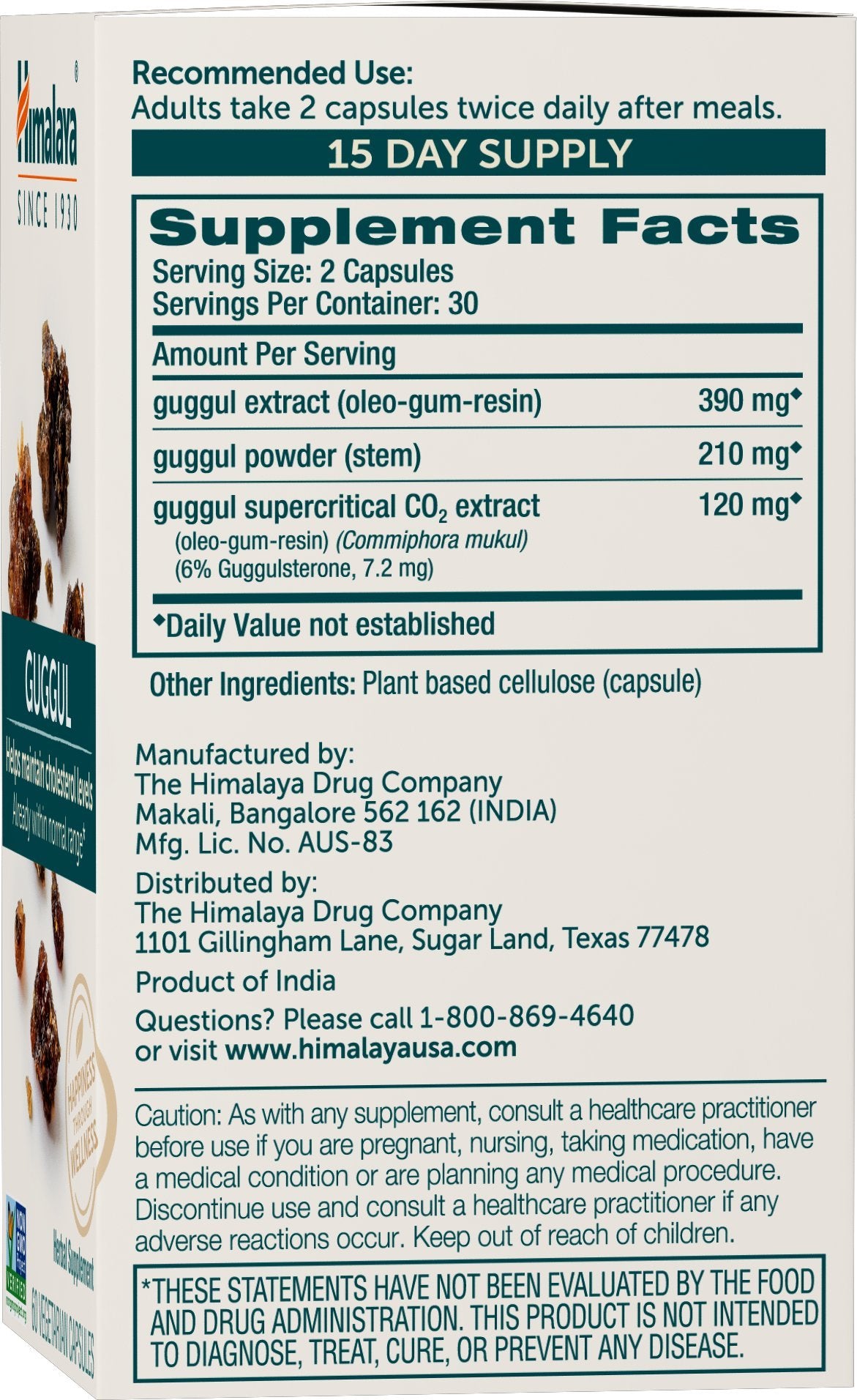 Himalaya Guggul Supplement capsules in hand