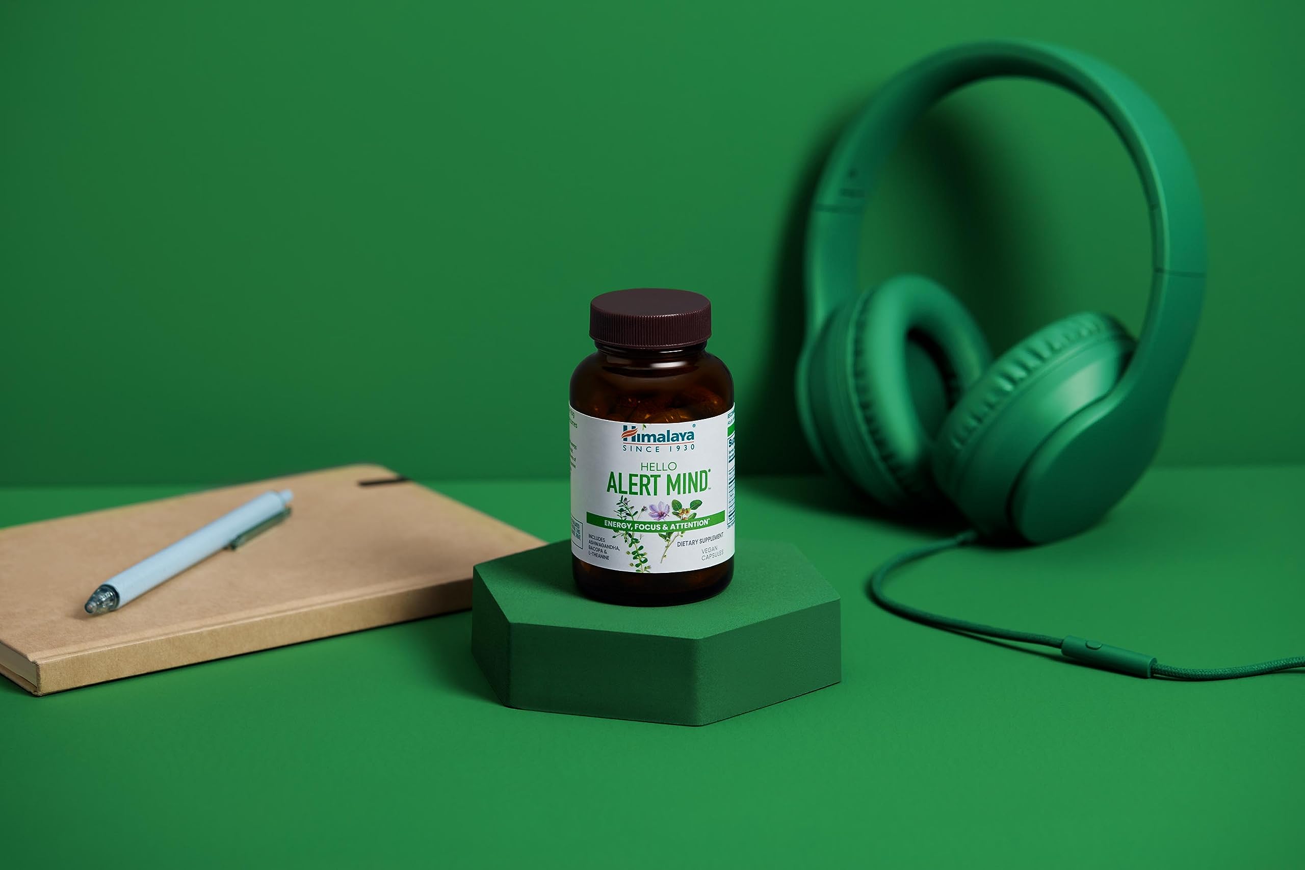 Himalaya Hello Alert Mind Brain Support Supplement bottle on table