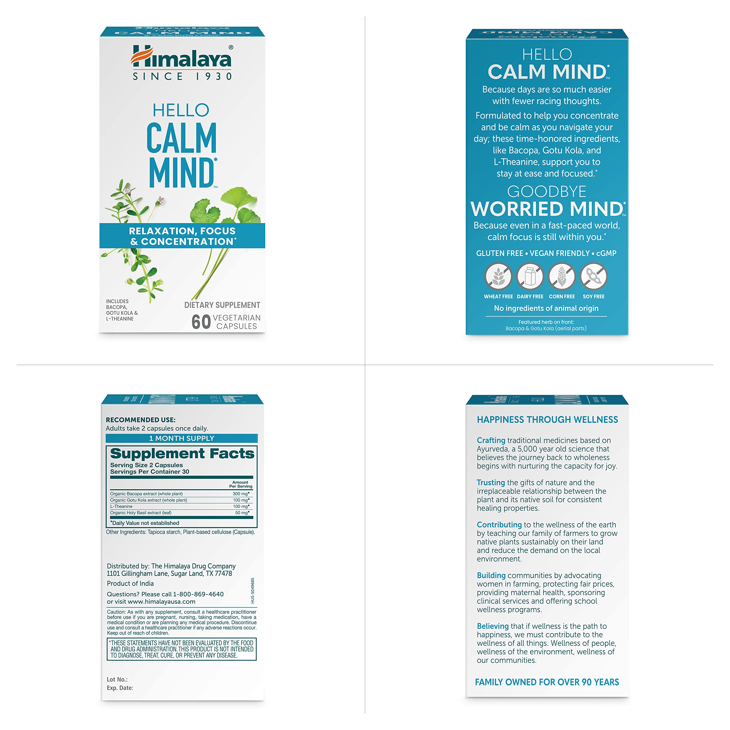 Himalaya Hello Calm Mind Bacopa Monnieri Supplement bottle back view