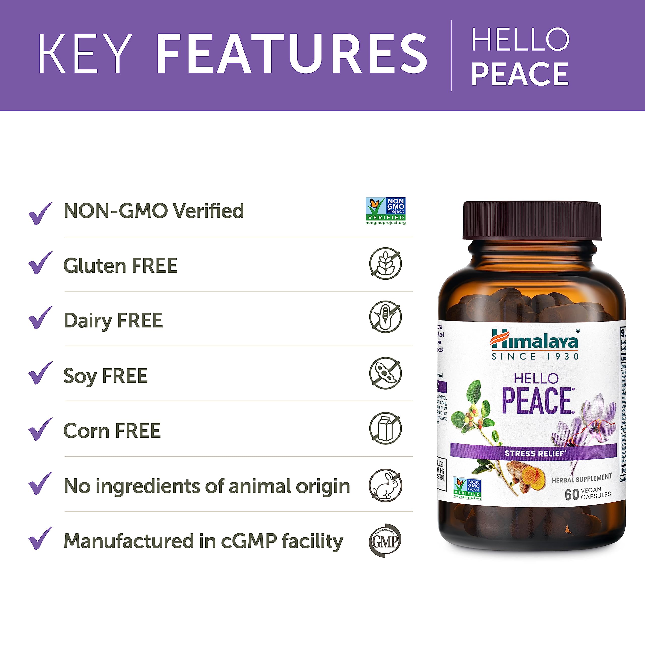 Himalaya Hello Peace Turmeric Supplement 60 Capsules with capsules displayed