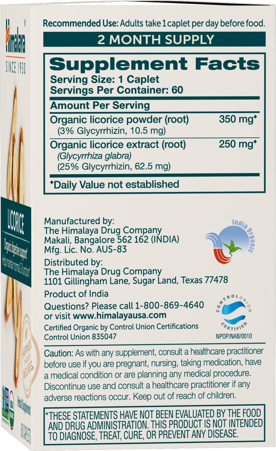 Himalaya Licorice Root Capsules side view showing label