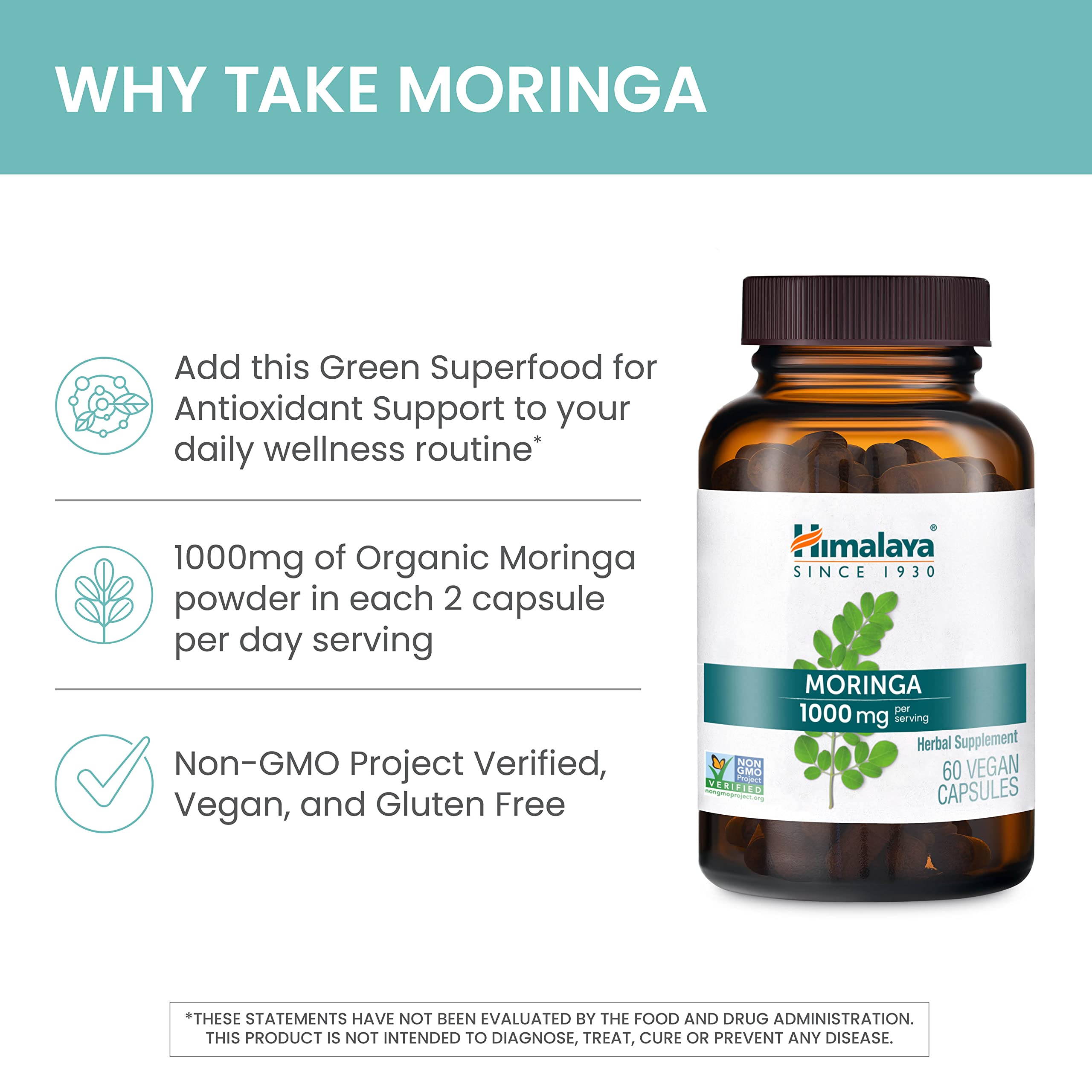 Himalaya Moringa Capsules 1000mg capsules on a wooden table