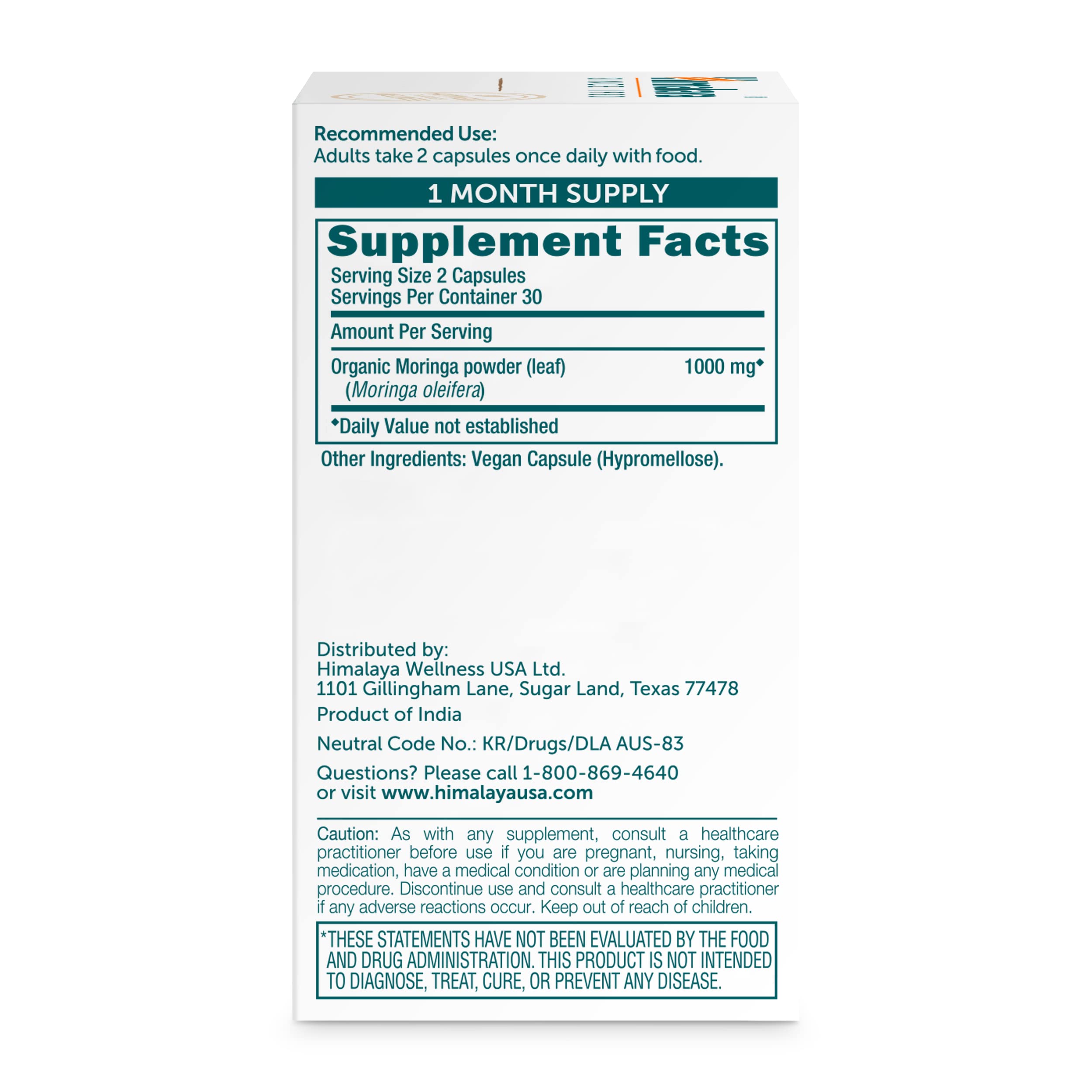 Himalaya Moringa Capsules 1000mg side view showing capsule details