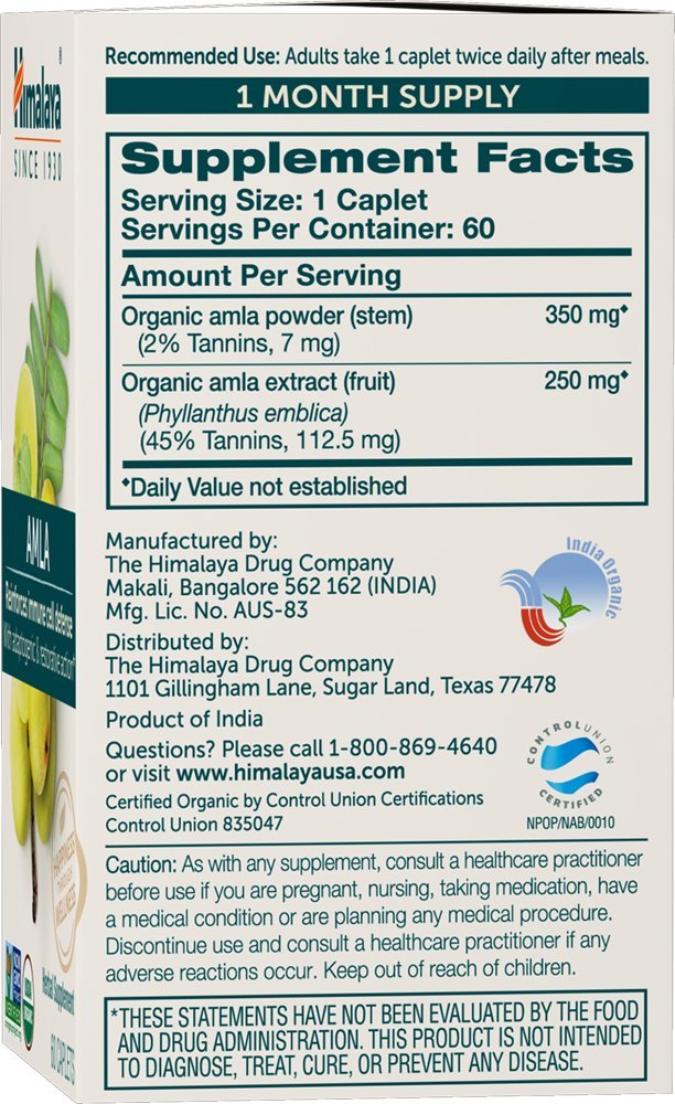 Himalaya Organic Amla caplet side view showing dosage
