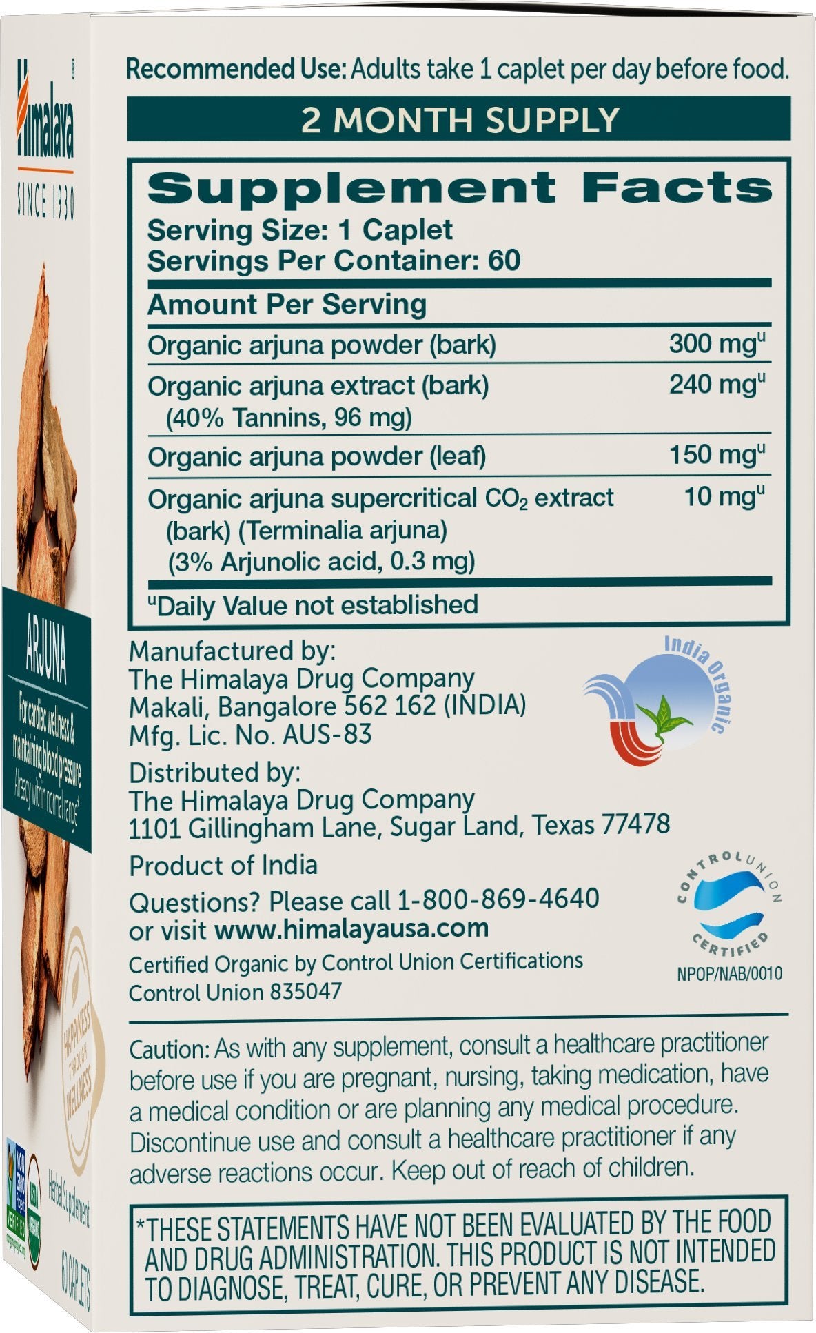 Himalaya Organic Arjuna supplement side view showing ingredients