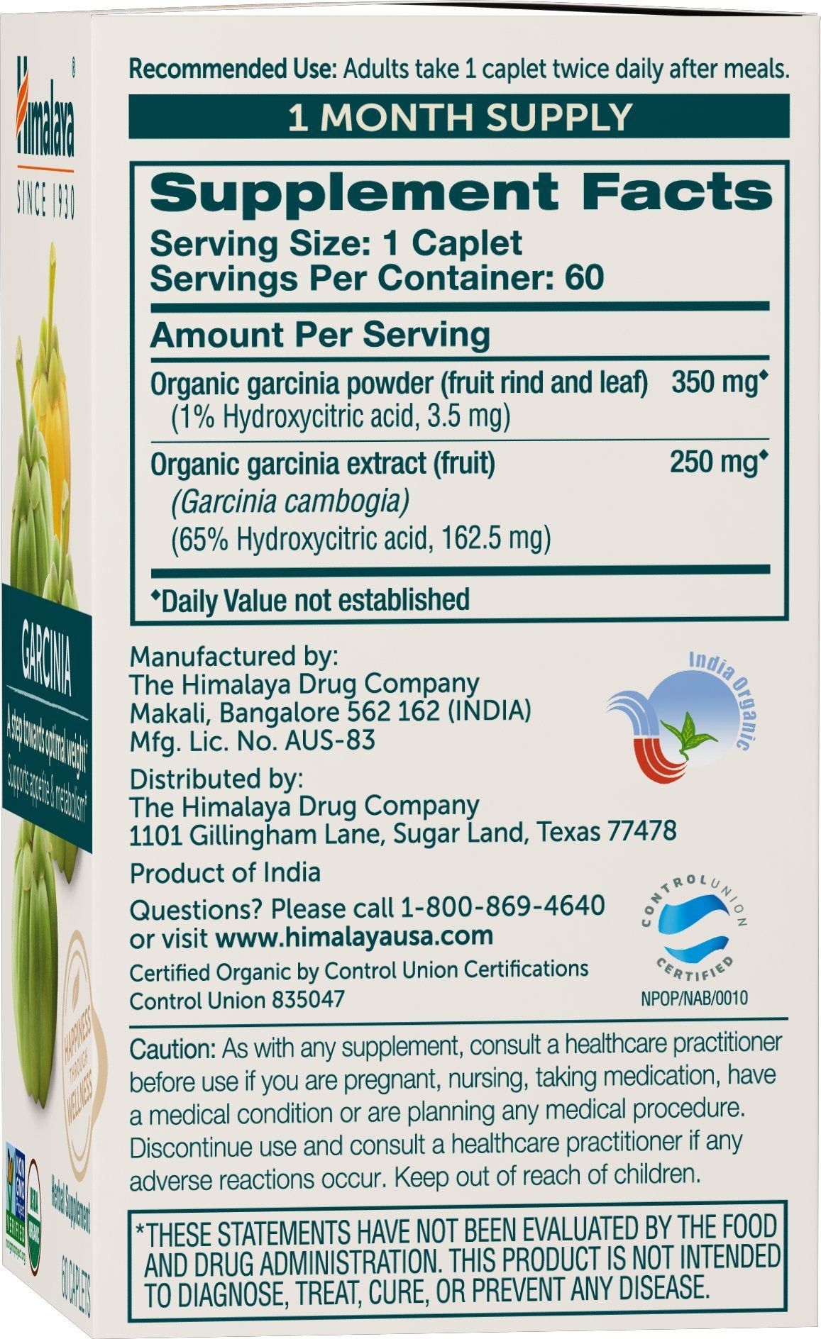Himalaya Organic Garcinia Cambogia 600mg capsules side view
