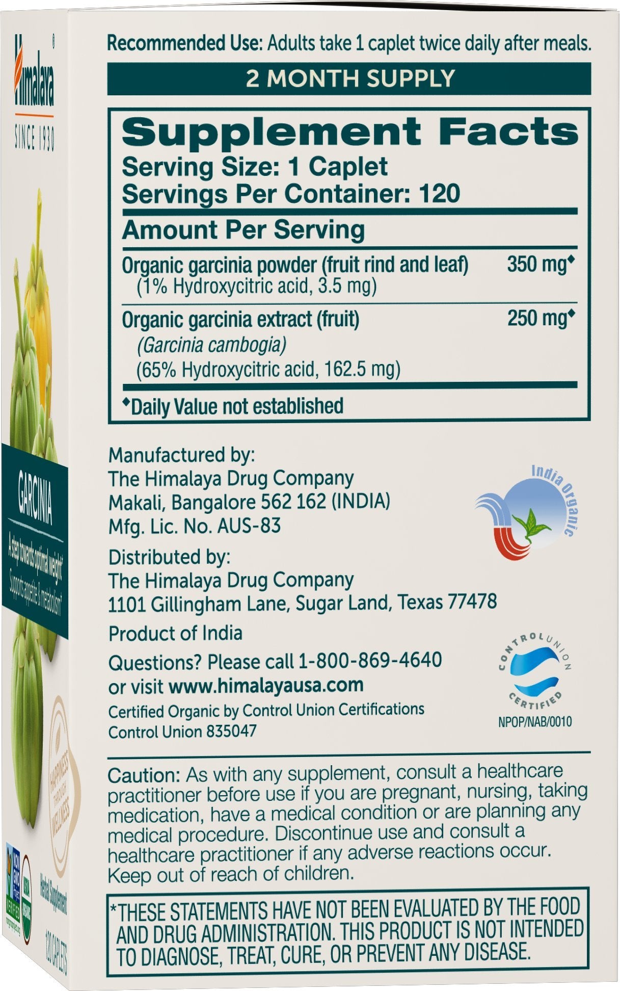 Himalaya Organic Garcinia Cambogia Supplement 600mg side view