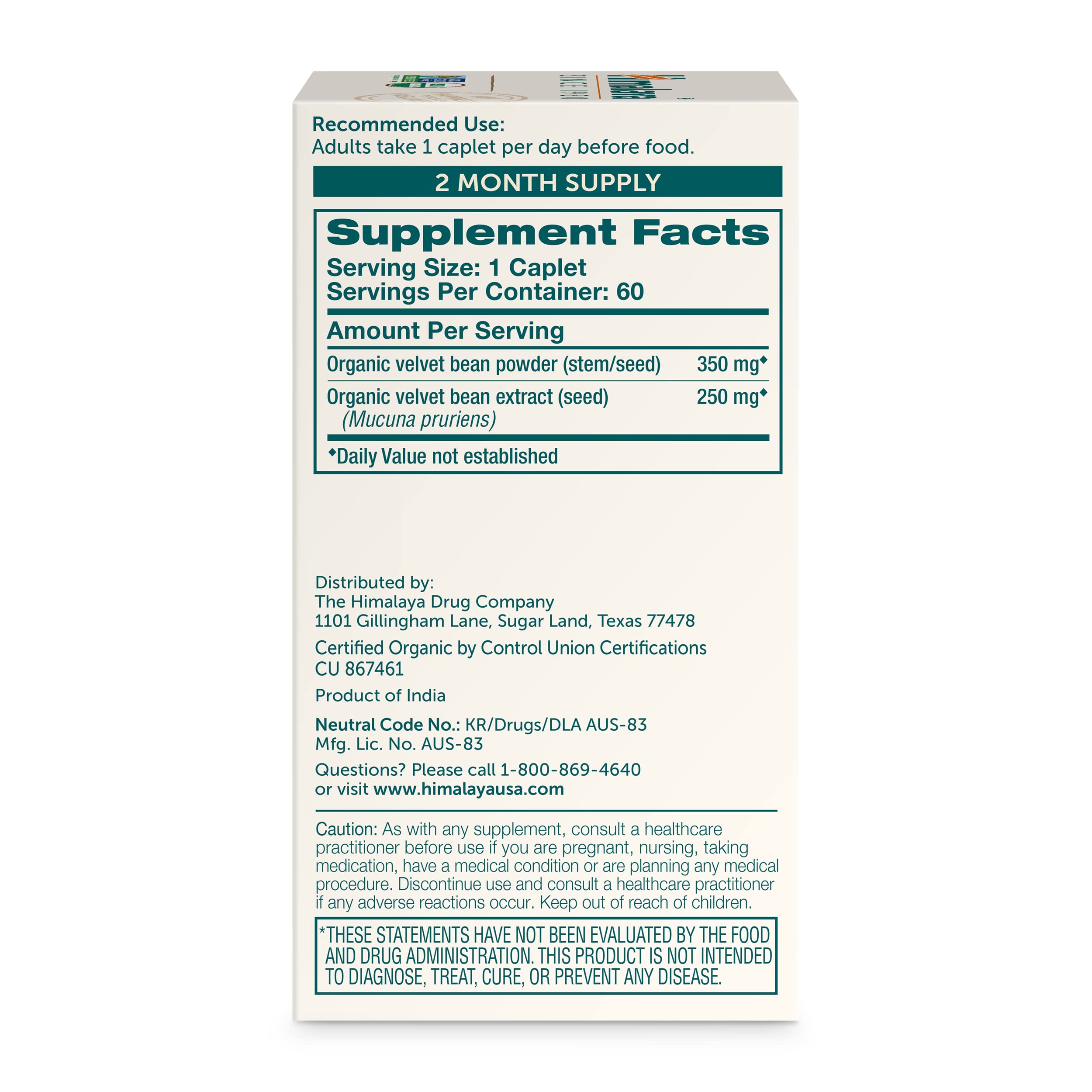 Himalaya Organic Mucuna Pruriens supplement back view showing ingredients
