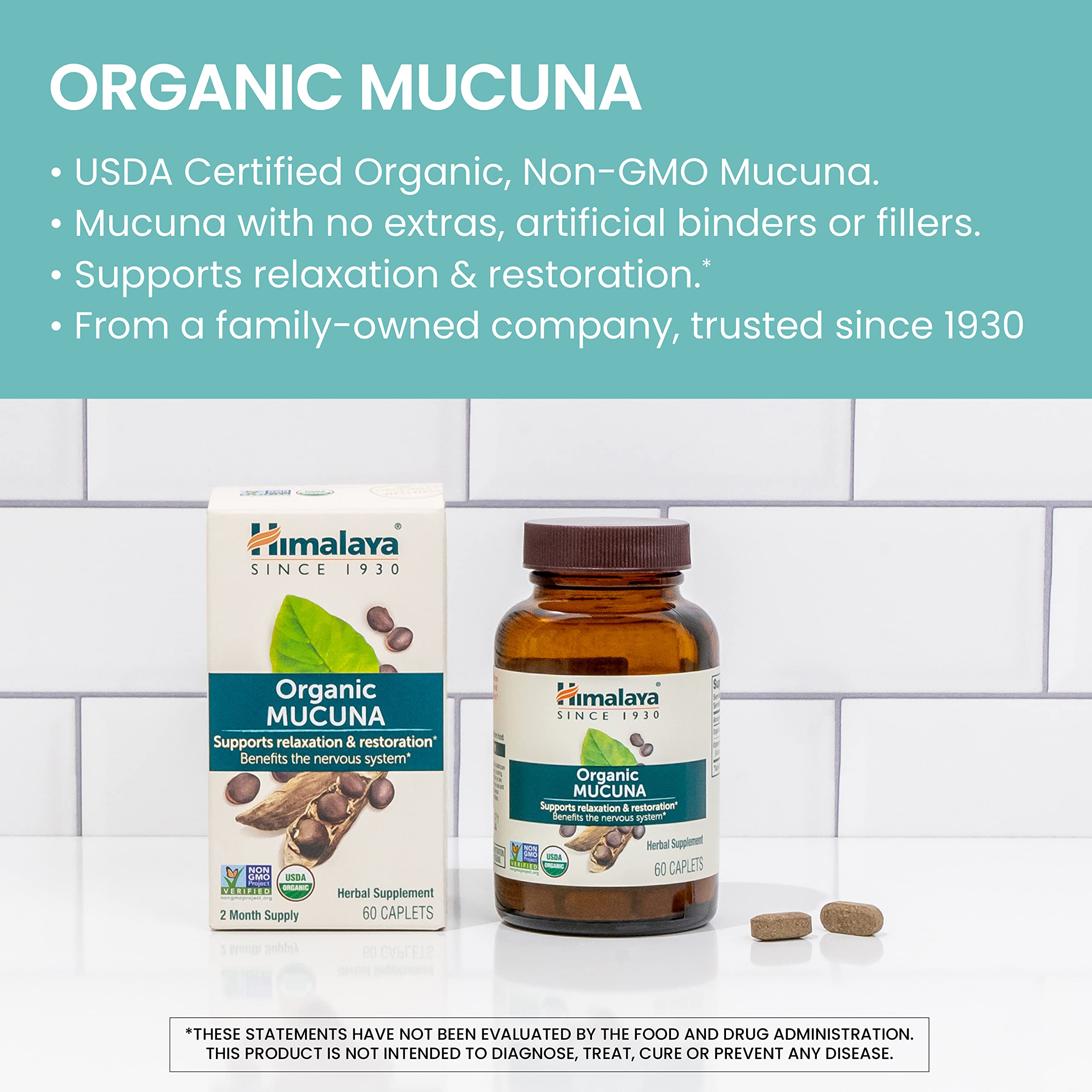 Himalaya Organic Mucuna Pruriens supplement caplets in a bowl
