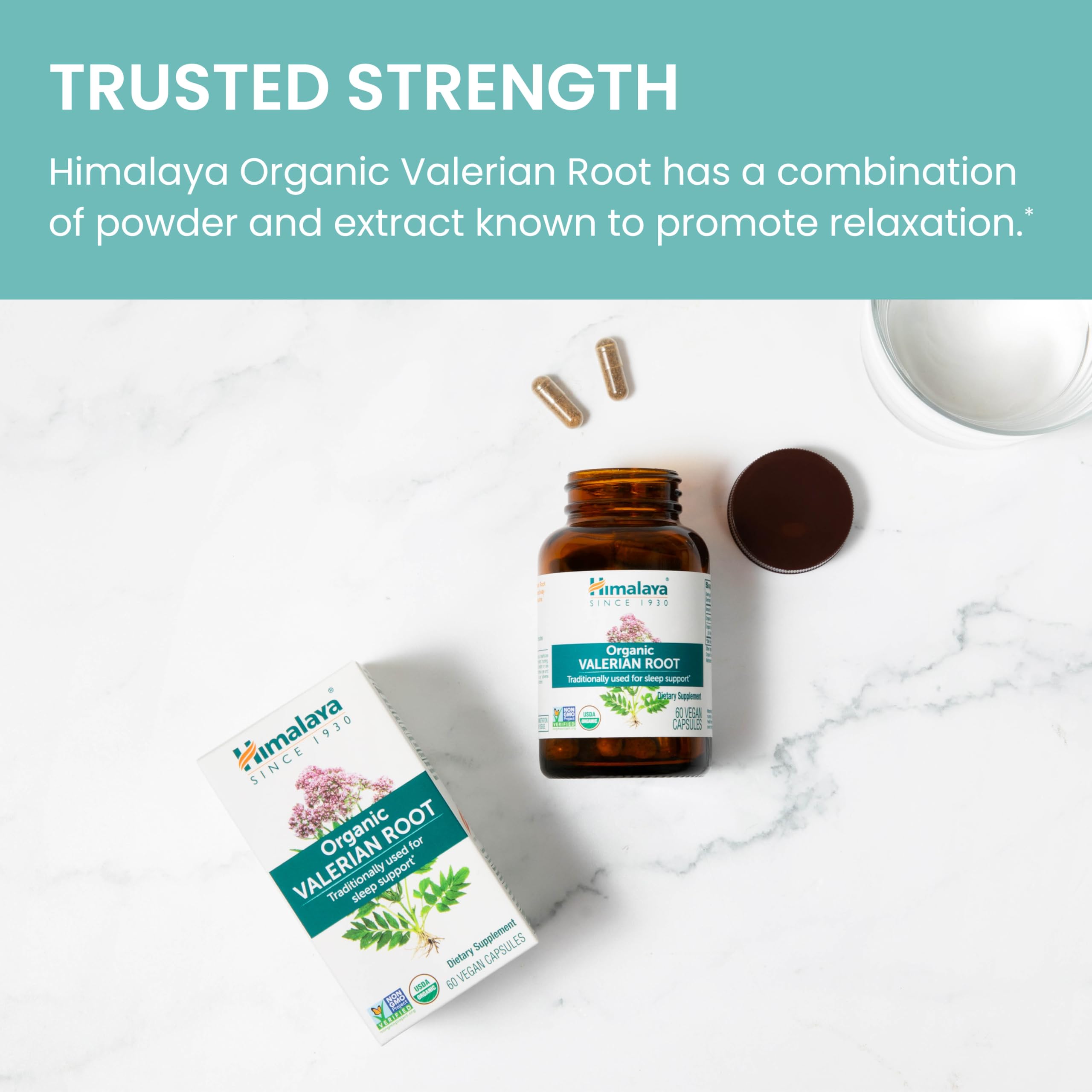 Himalaya Organic Valerian Root 1000mg vegan capsules with measuring spoon