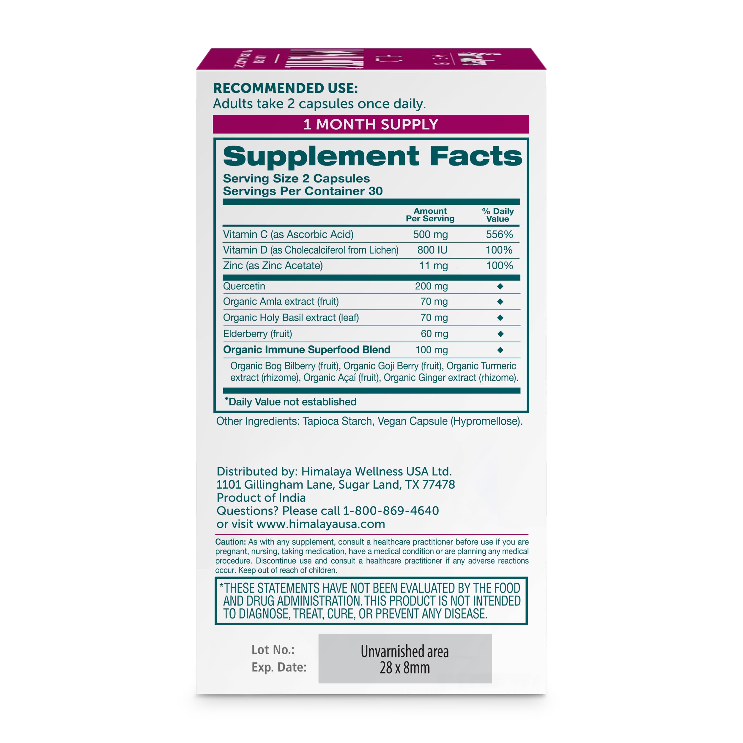Himalaya Quercetin 500mg Capsules side view showing label