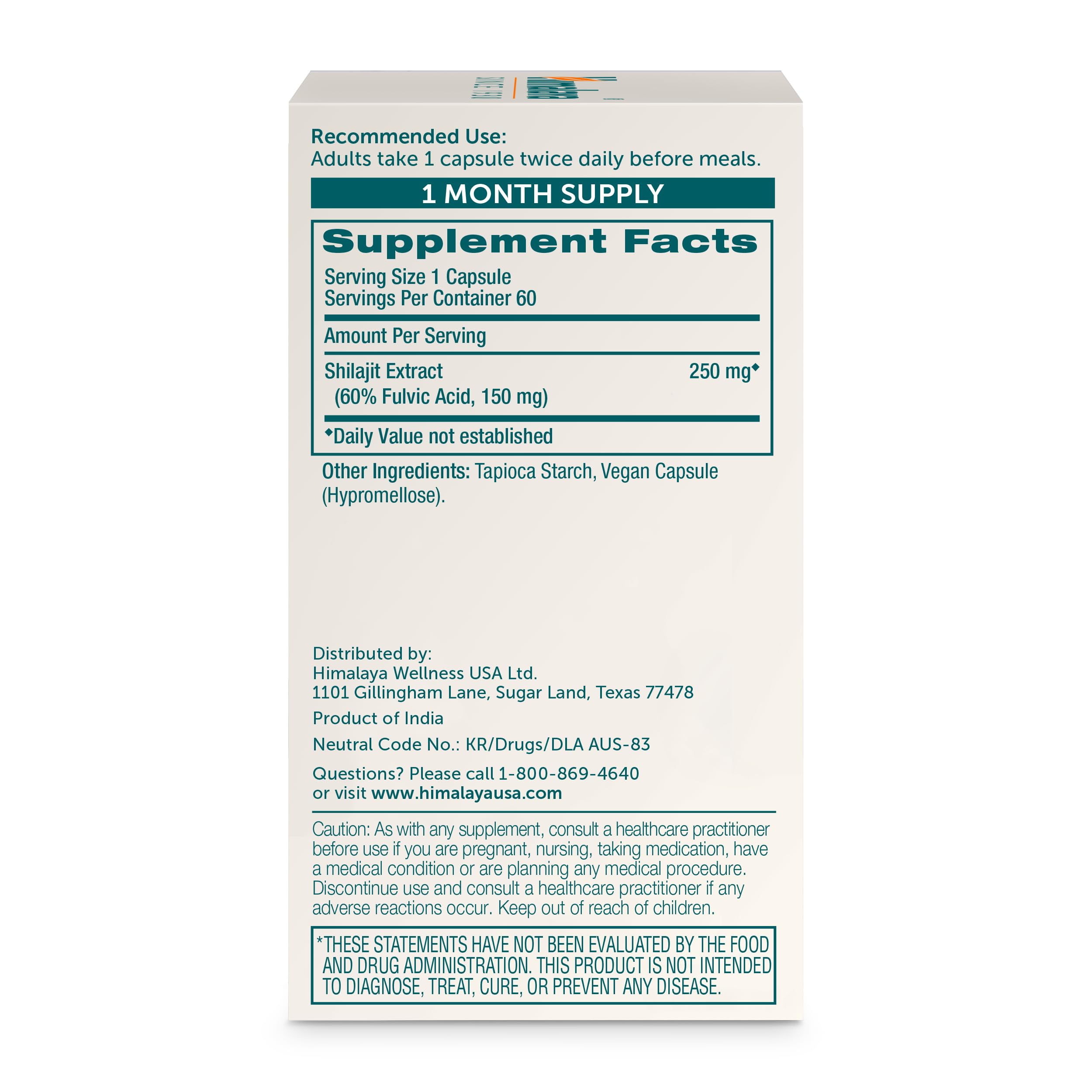Himalaya Shilajit Capsules back view with ingredient details