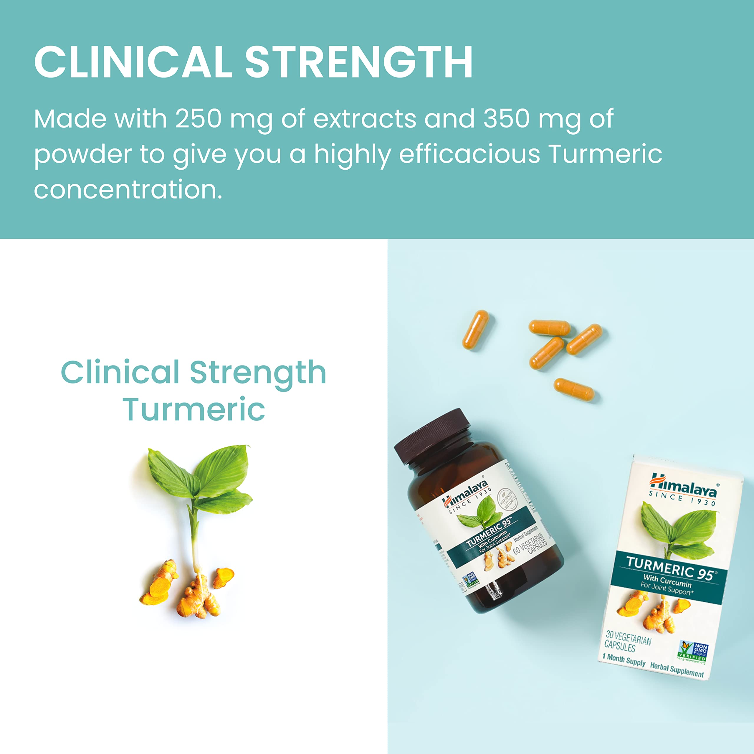 Himalaya Turmeric 95 capsules on a wooden surface