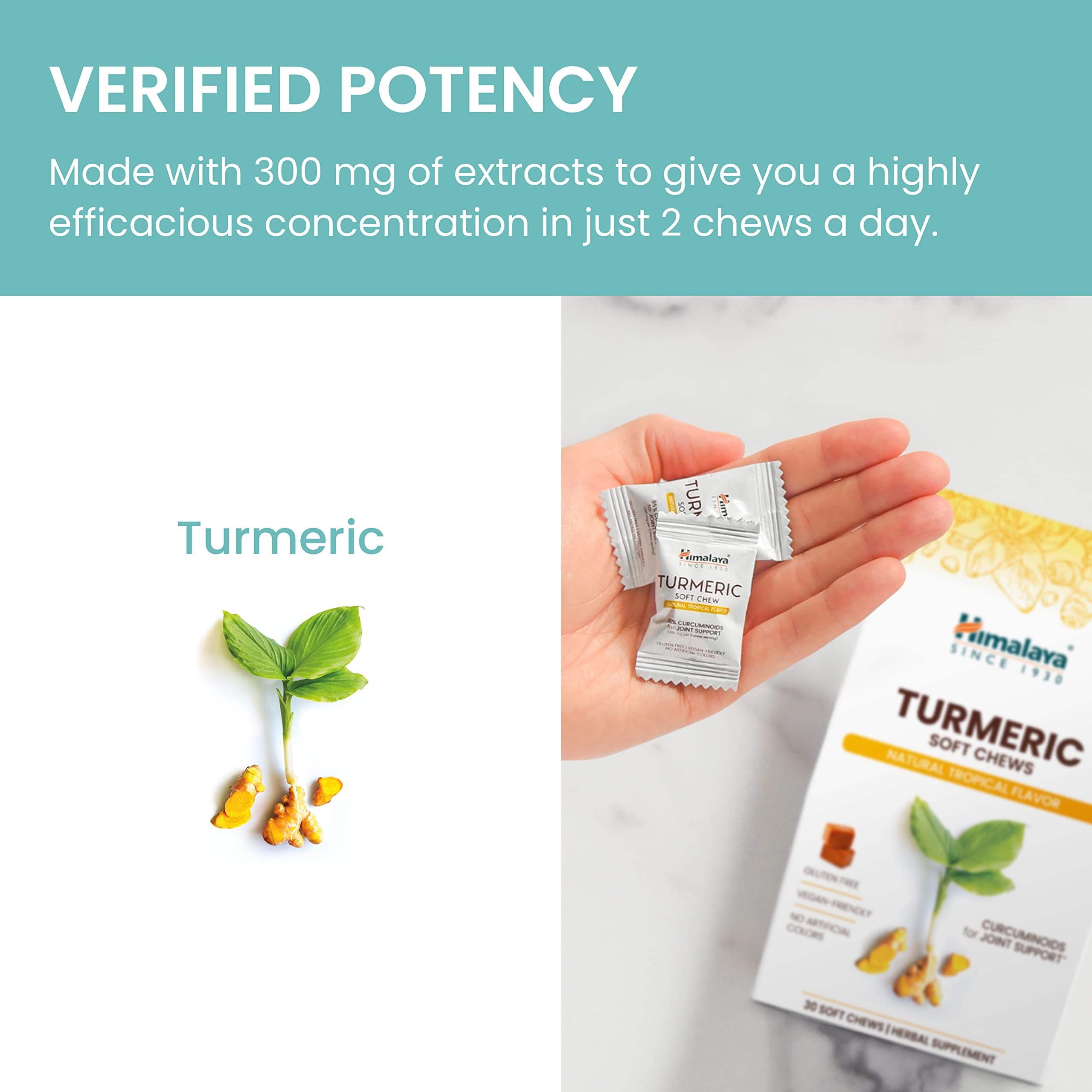 Himalaya Turmeric Chews in a hand for size reference
