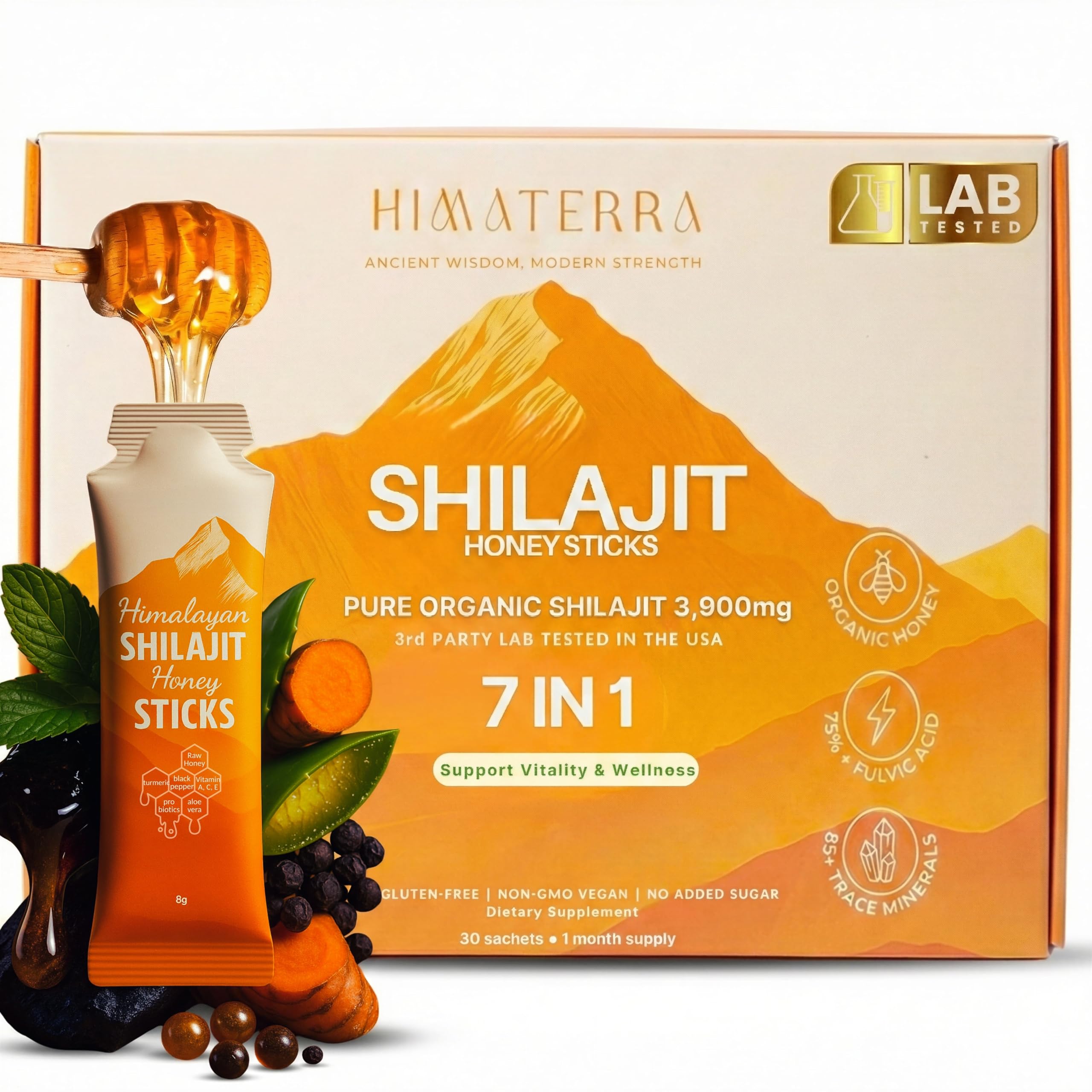 HIMĀTERRA Shilajit Honey Sticks 3900mg front view