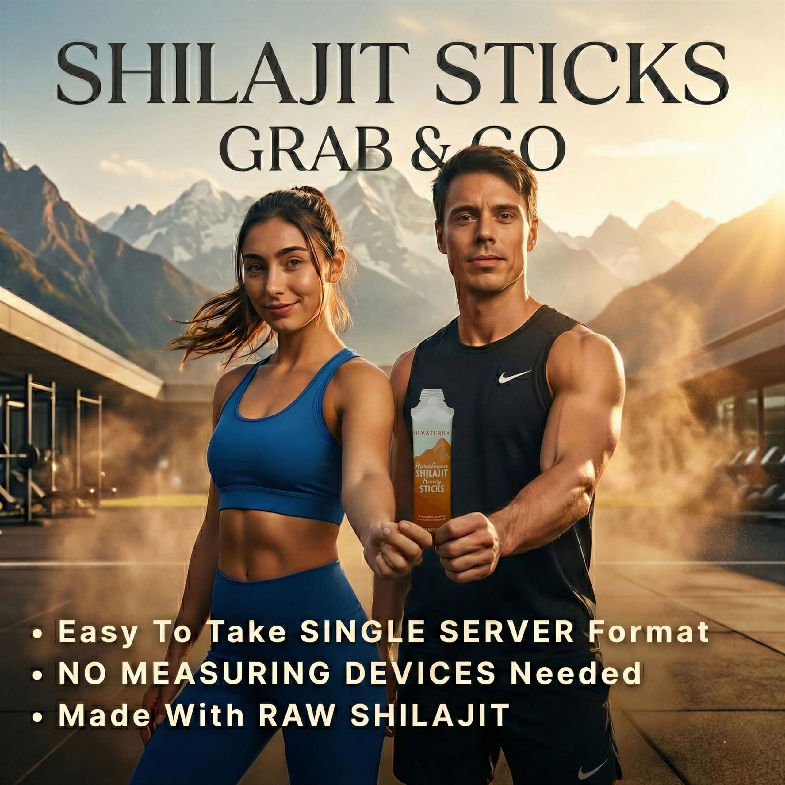HIMĀTERRA Shilajit Honey Sticks with ingredients display