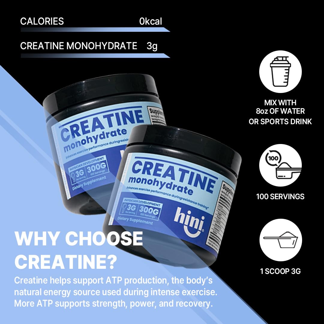 HINI Creatine Monohydrate 300g jar on a gym bench