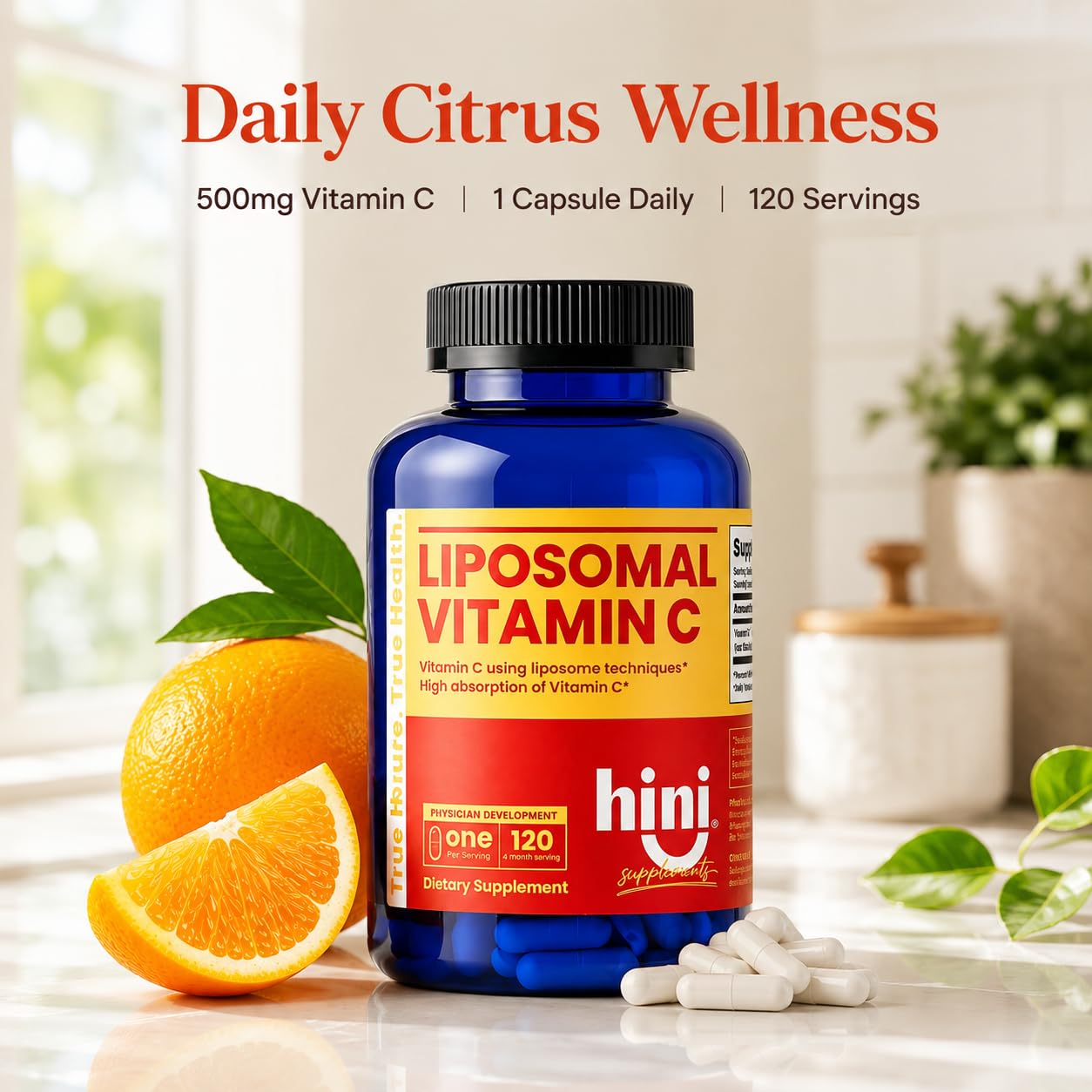 HINI Liposomal Vitamin C 500mg bottle with ingredients list