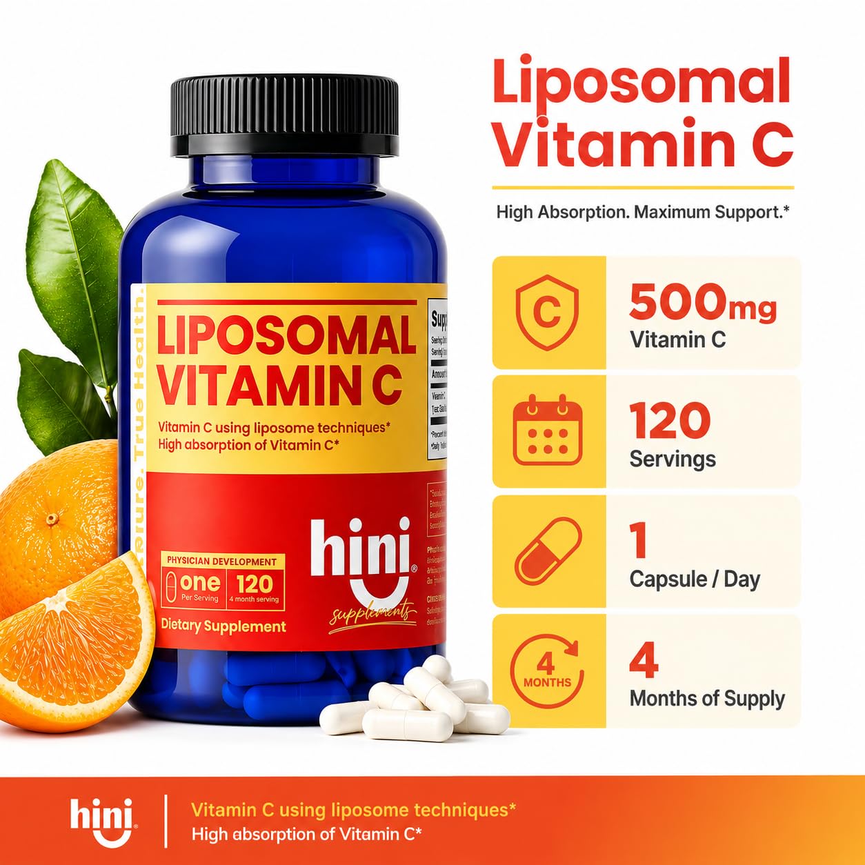 HINI Liposomal Vitamin C 500mg capsule bottle side view