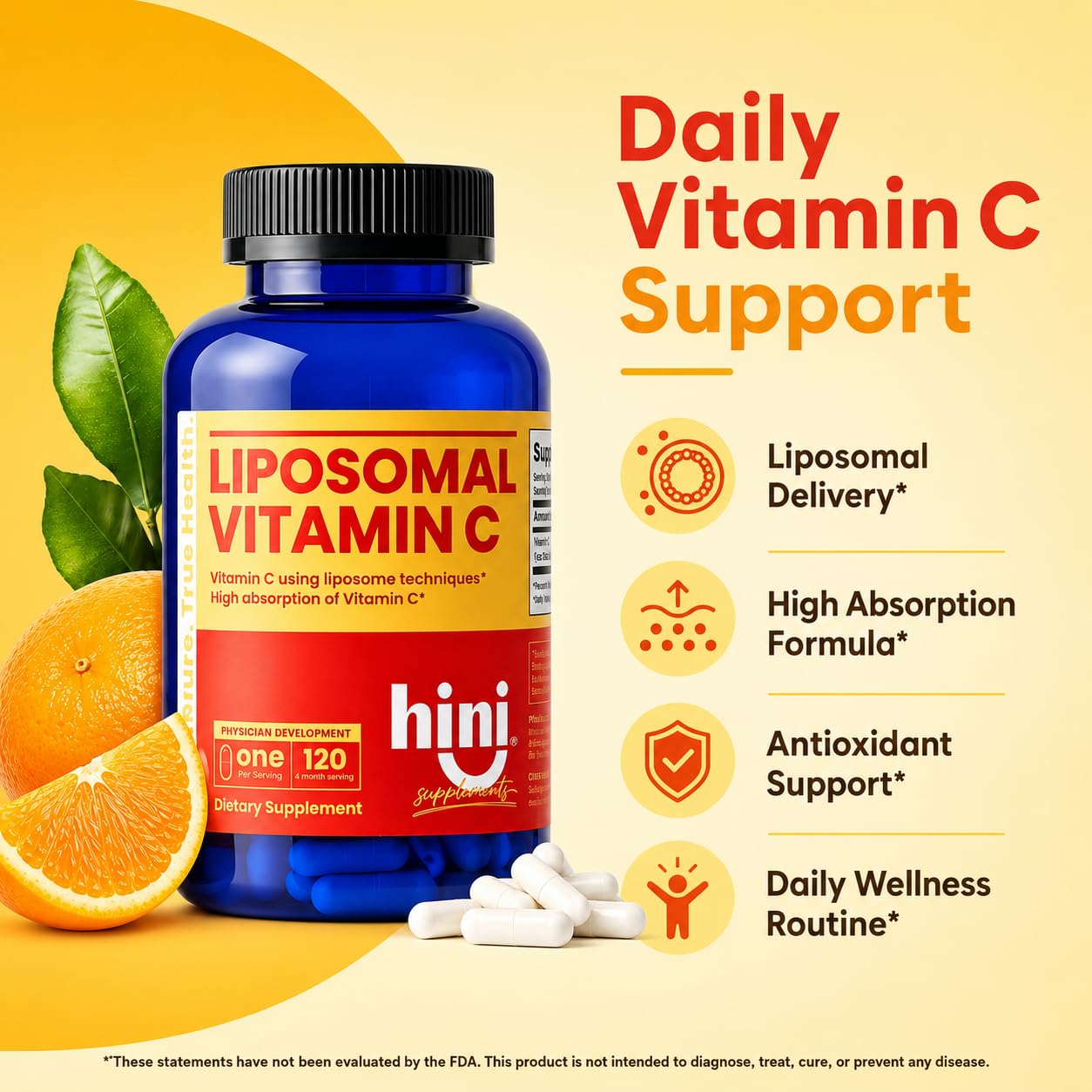 HINI Liposomal Vitamin C 500mg capsules on a wooden table